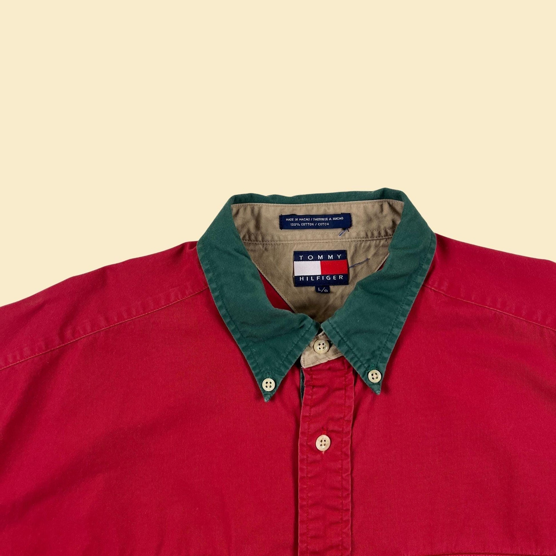 1990s L Tommy Hilfiger shirt, vintage red, green & beige long sleeve button down cotton shirt