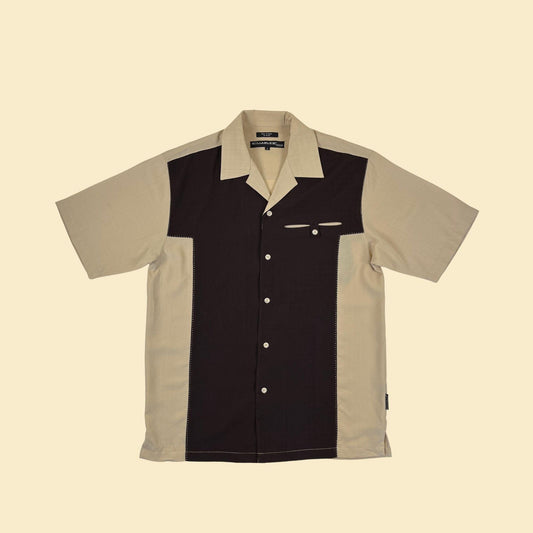 Y2K men's M shirt, vintage colorblock beige & brown short sleeve top by Syllables System