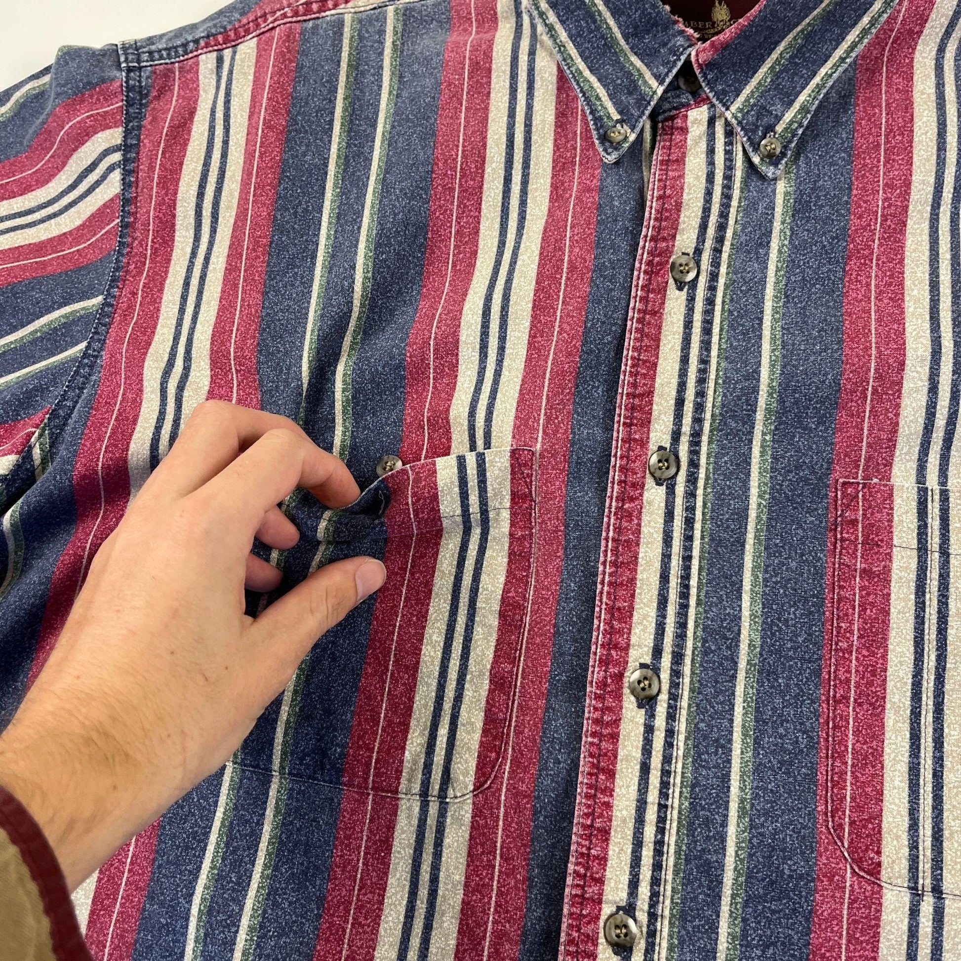 1990s striped shirt by Timbercreek by Wrangler, vintage L to XL blue & pink short sleeve button down