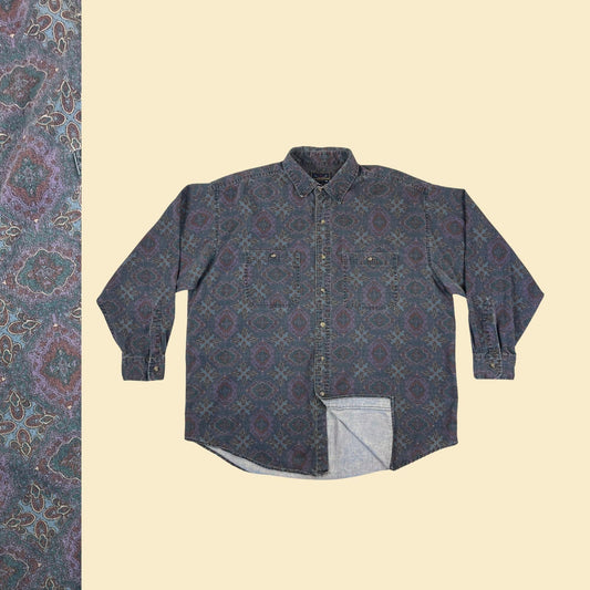 1990s XL patterned shirt by Arrow, vintage abstract men's purple & teal long sleeve button down top