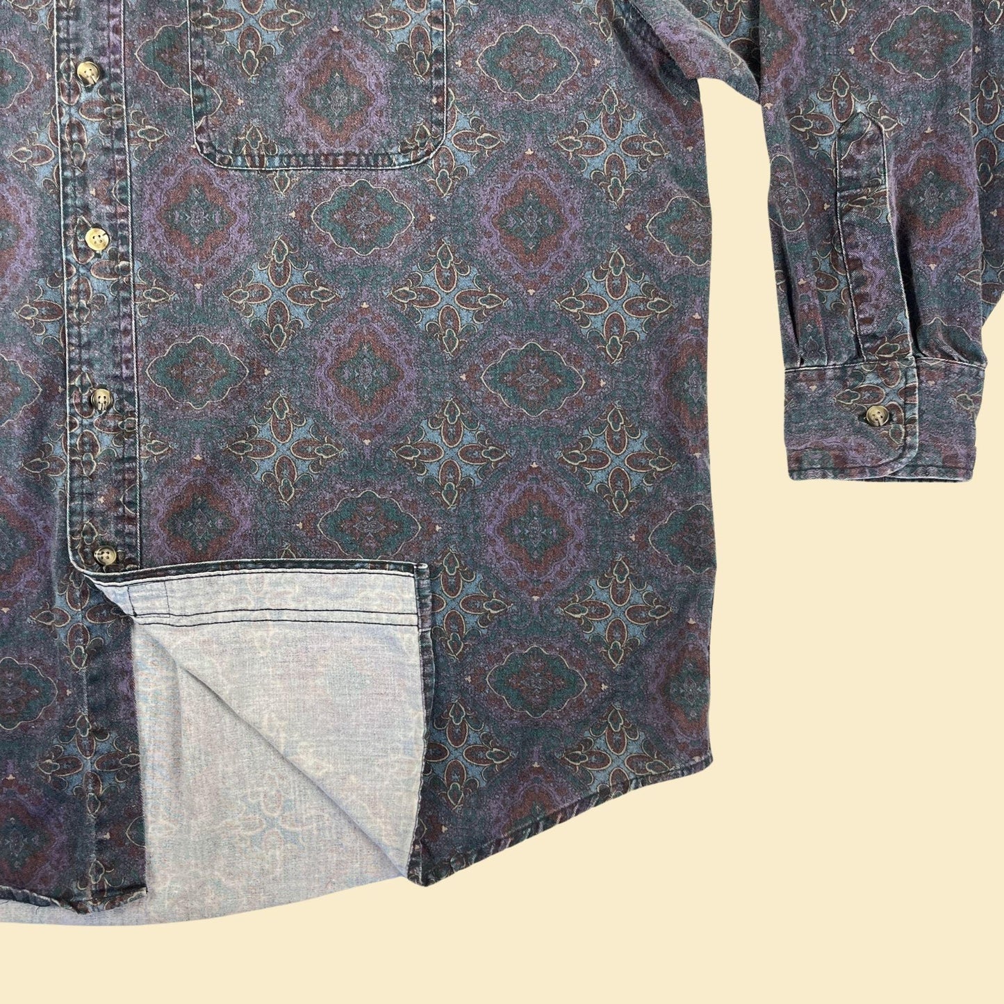 1990s XL patterned shirt by Arrow, vintage abstract men's purple & teal long sleeve button down top