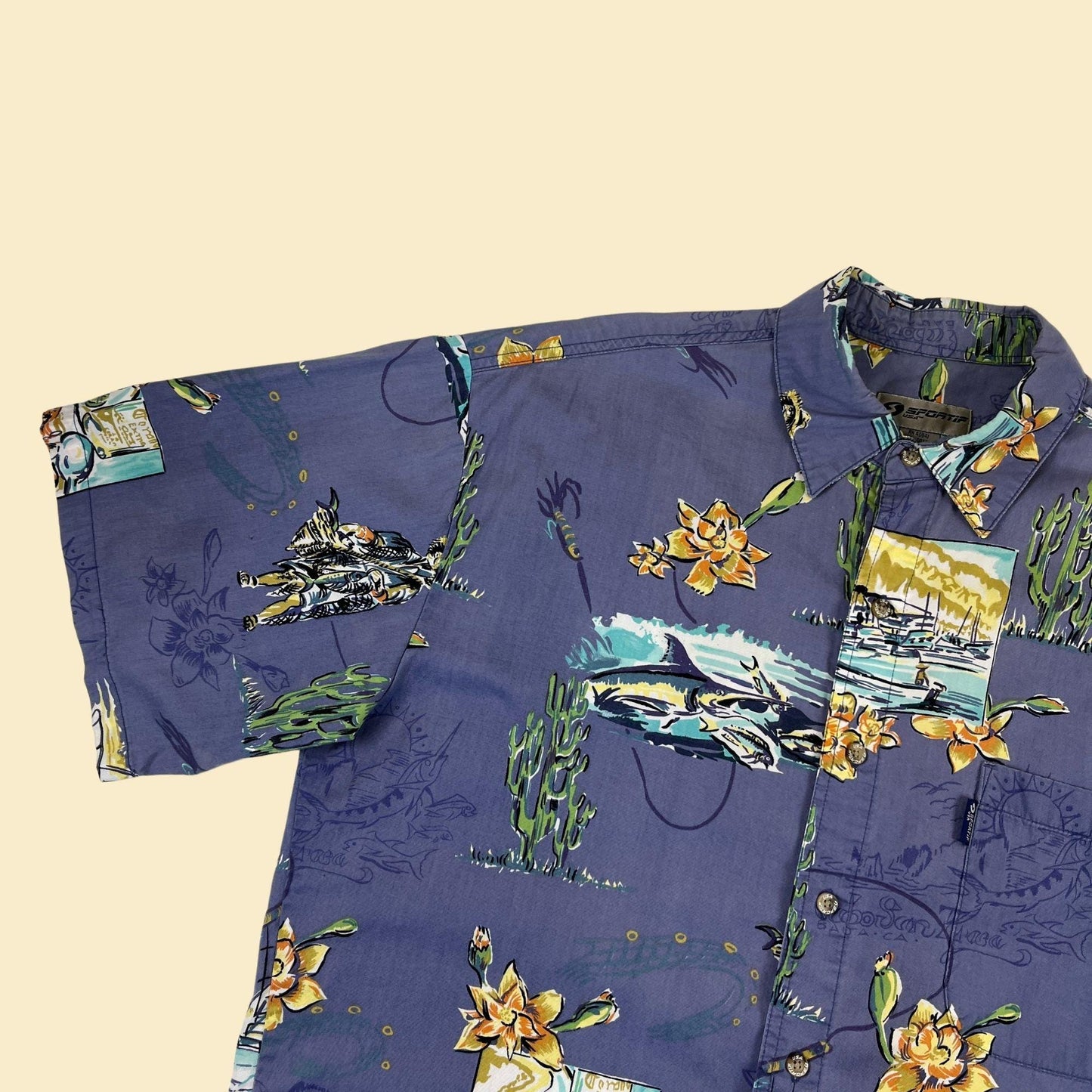 90s M summer shirt by Sportif USA, vintage men's blue & green cactus/fish patterned short sleeve button down