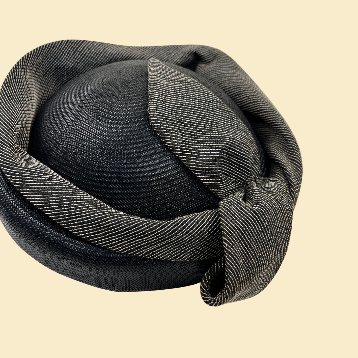 1960s straw pillbox hat by An Elysées Original, vintage 50s/60s black straw hat w/ grey ribbon