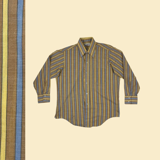 1970s men's shirt by Prince Bertano, vintage size 16-32 men's yellow & blue striped long sleeve button down