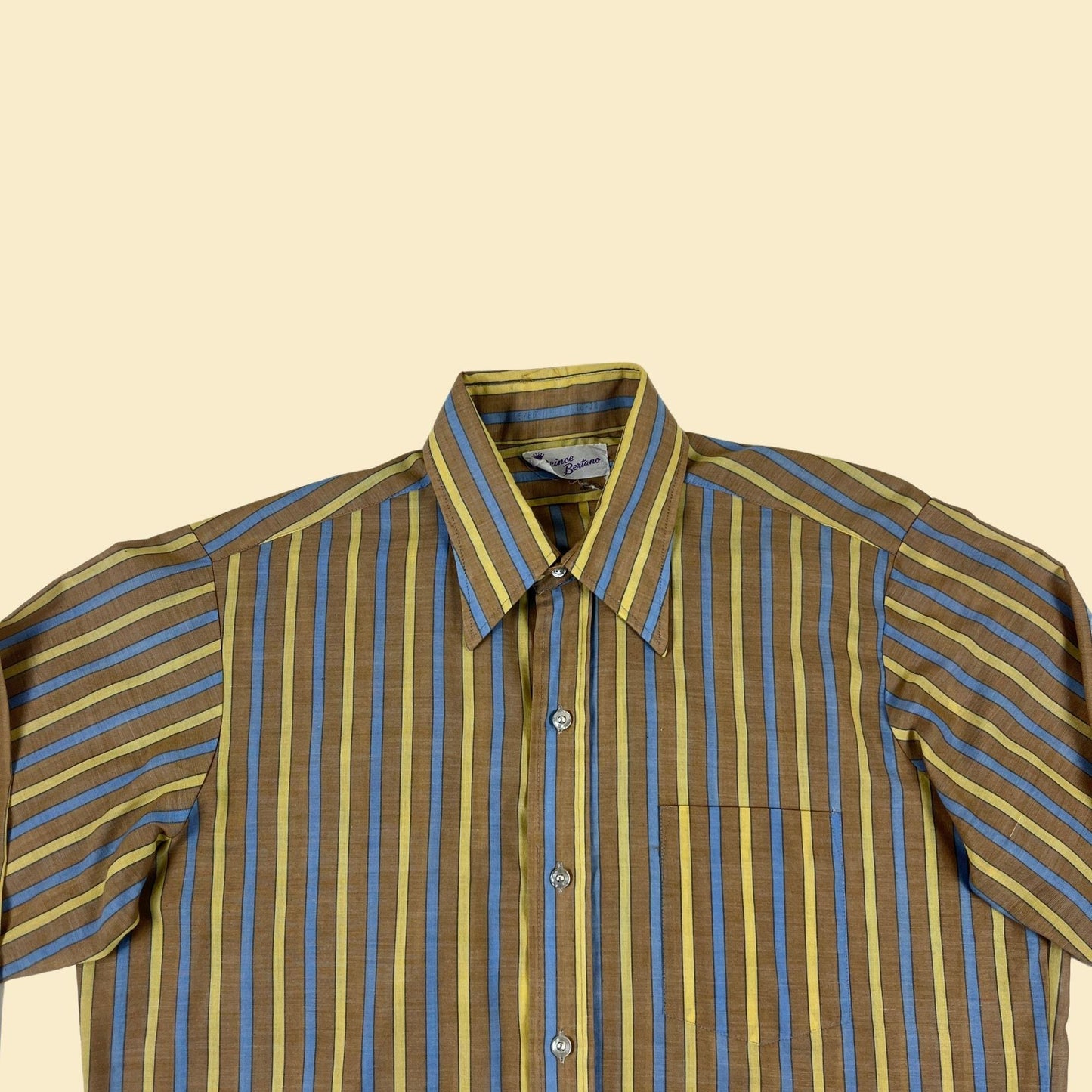 1970s men's shirt by Prince Bertano, vintage size 16-32 men's yellow & blue striped long sleeve button down