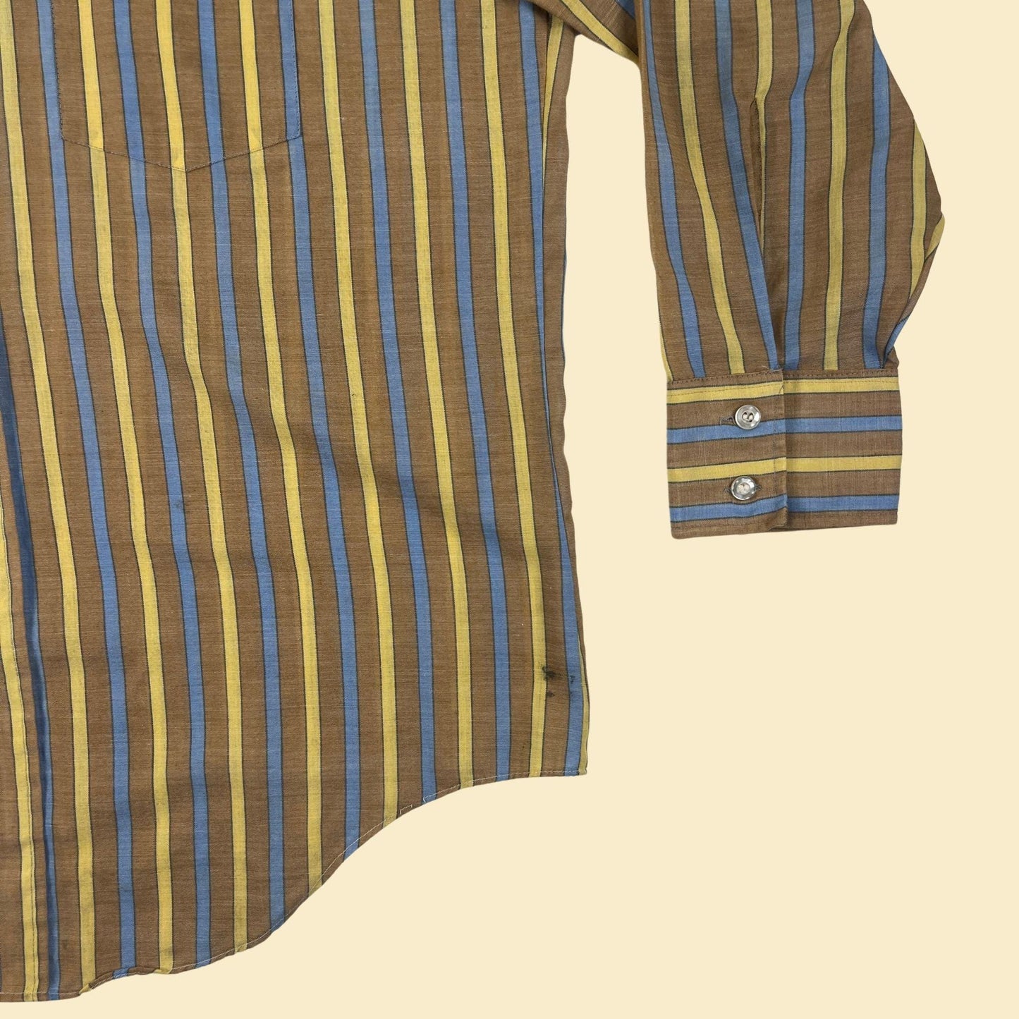 1970s men's shirt by Prince Bertano, vintage size 16-32 men's yellow & blue striped long sleeve button down