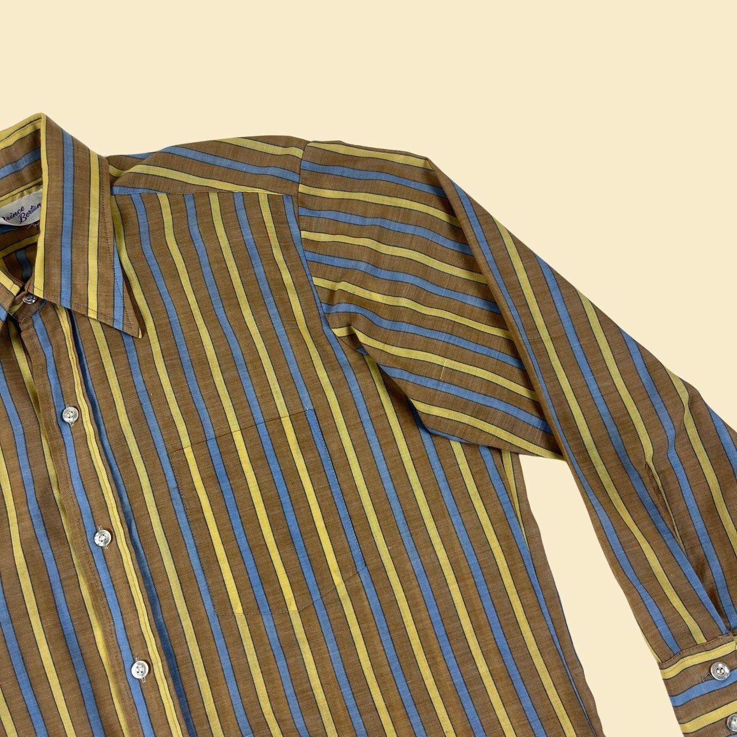 1970s men's shirt by Prince Bertano, vintage size 16-32 men's yellow & blue striped long sleeve button down