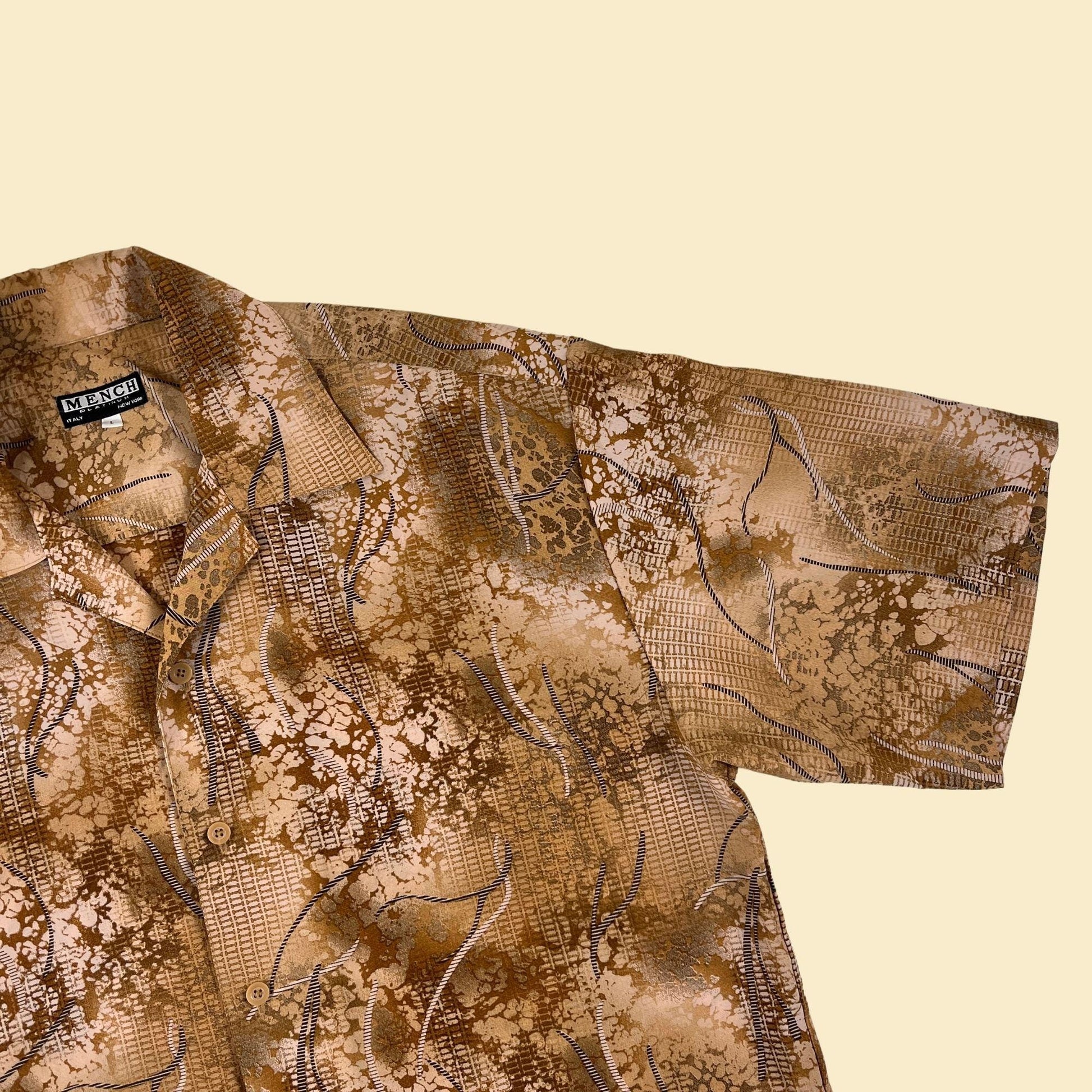 1990s L geometric men's shirt by Mench Platinum, vintage beige & brown abstract short sleeve button down top