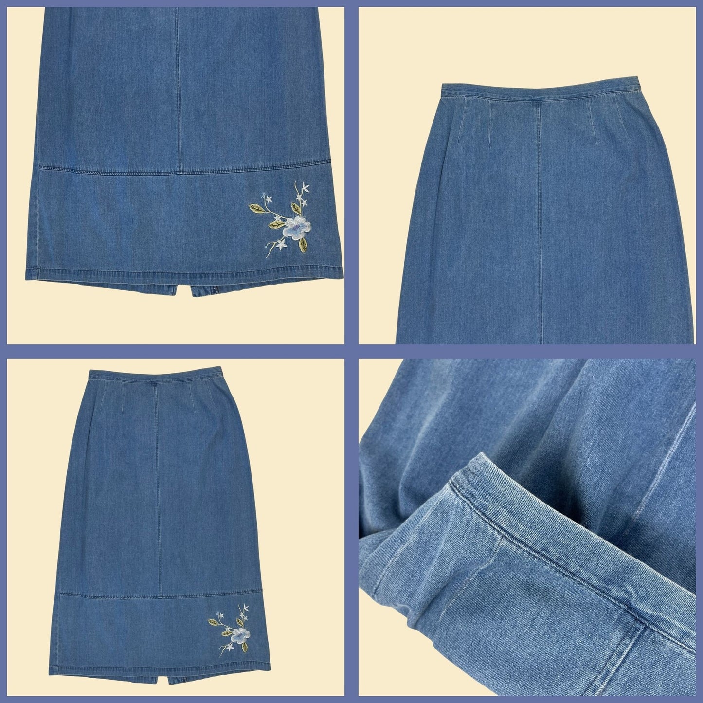 90s L denim maxi skirt by Jaclyn Smith, vintage 1990s denim skirt with floral embroidery