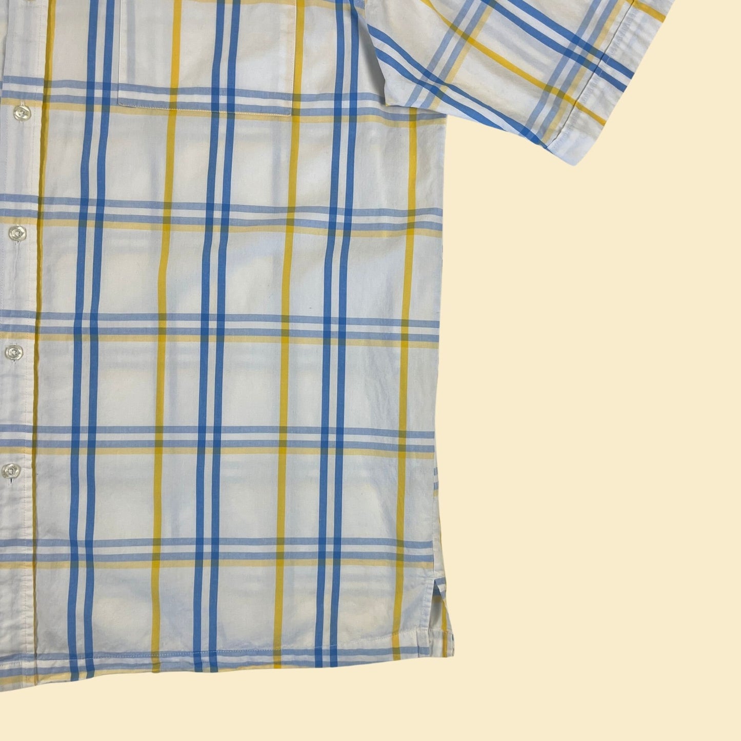 90s XXL Southpole shirt, vintage 1990s white/yellow/blue plaid short sleeve button down men's top