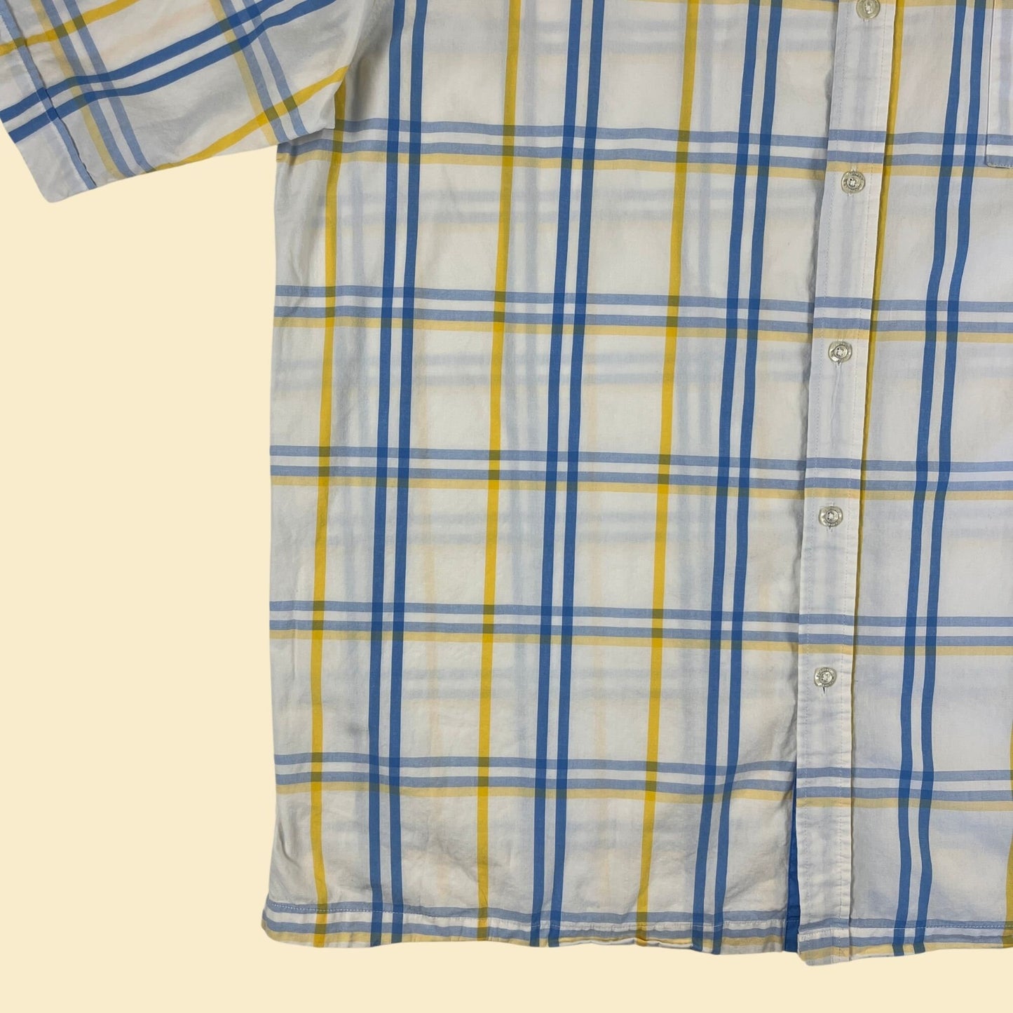 90s XXL Southpole shirt, vintage 1990s white/yellow/blue plaid short sleeve button down men's top