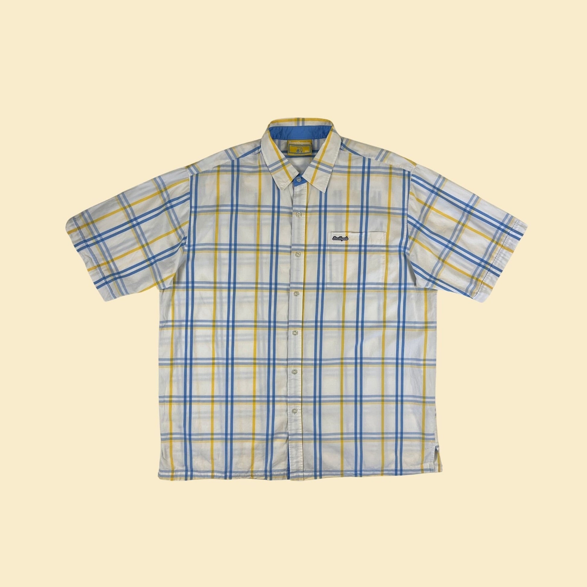 90s XXL Southpole shirt, vintage 1990s white/yellow/blue plaid short sleeve button down men's top