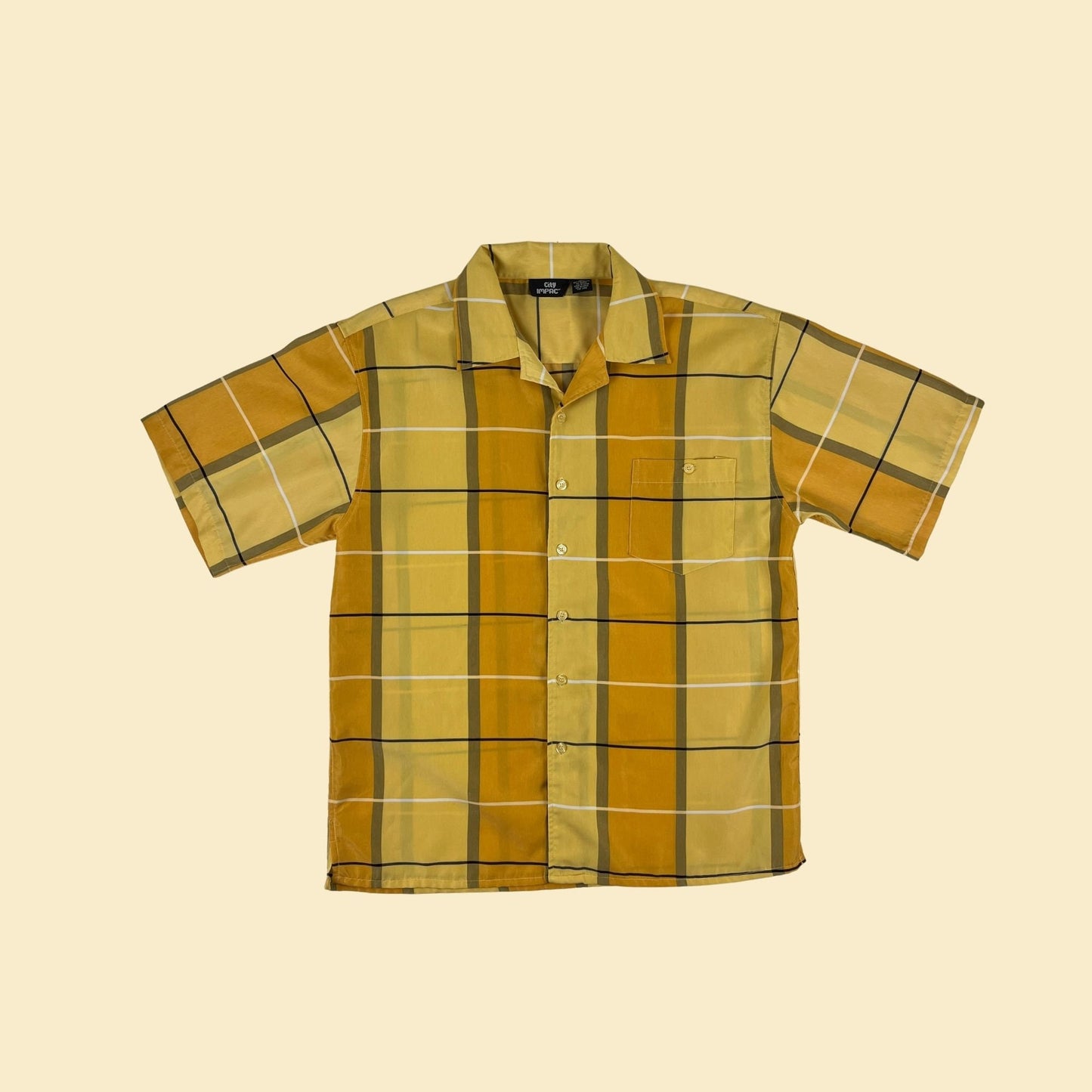 90s L yellow shirt by City Impact, vintage 1990s men's yellow/white plaid button down short sleeve top