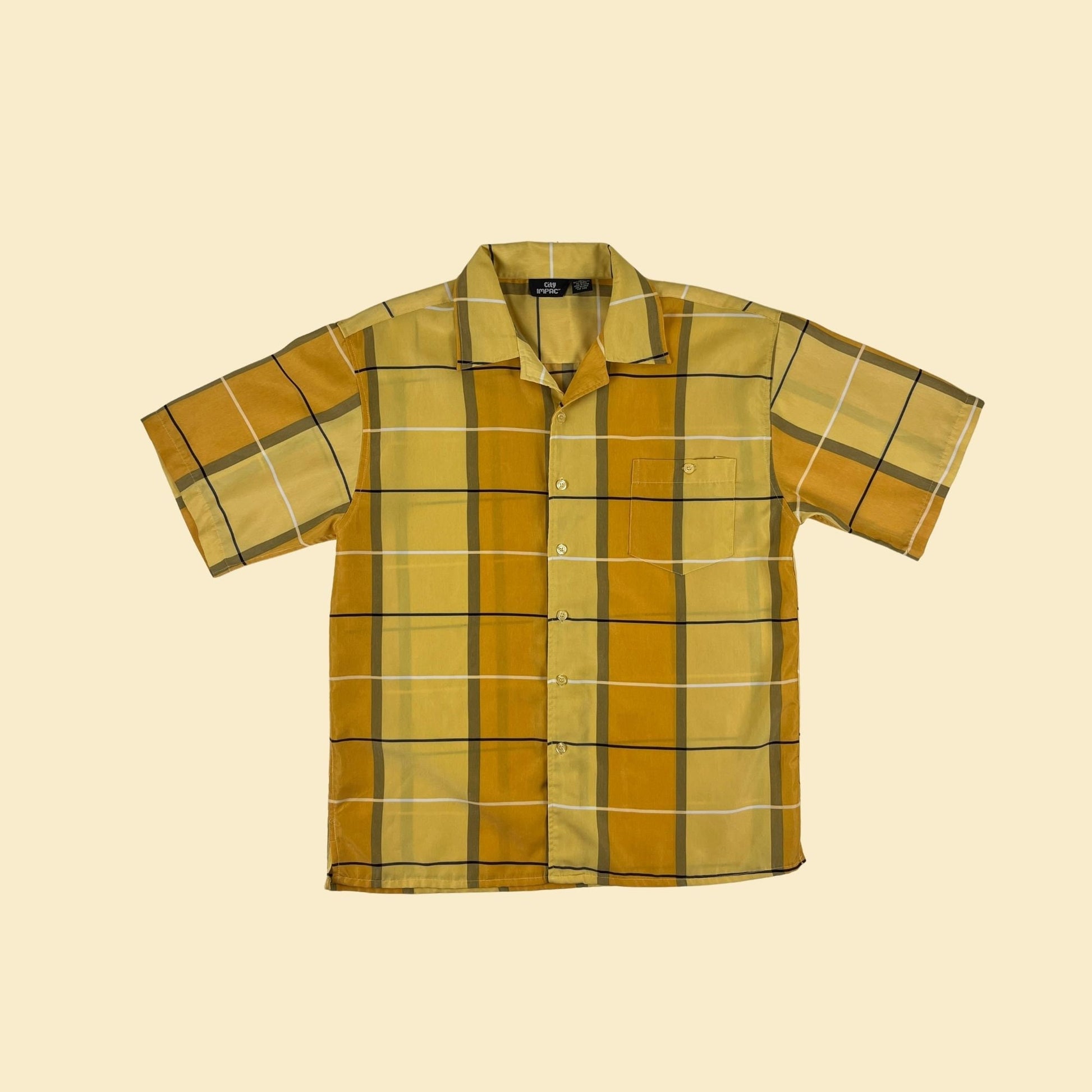 90s L yellow shirt by City Impact, vintage 1990s men's yellow/white plaid button down short sleeve top