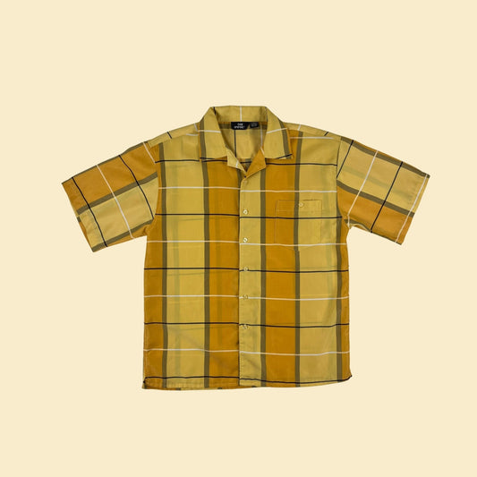 90s L yellow shirt by City Impact, vintage 1990s men's yellow/white plaid button down short sleeve top