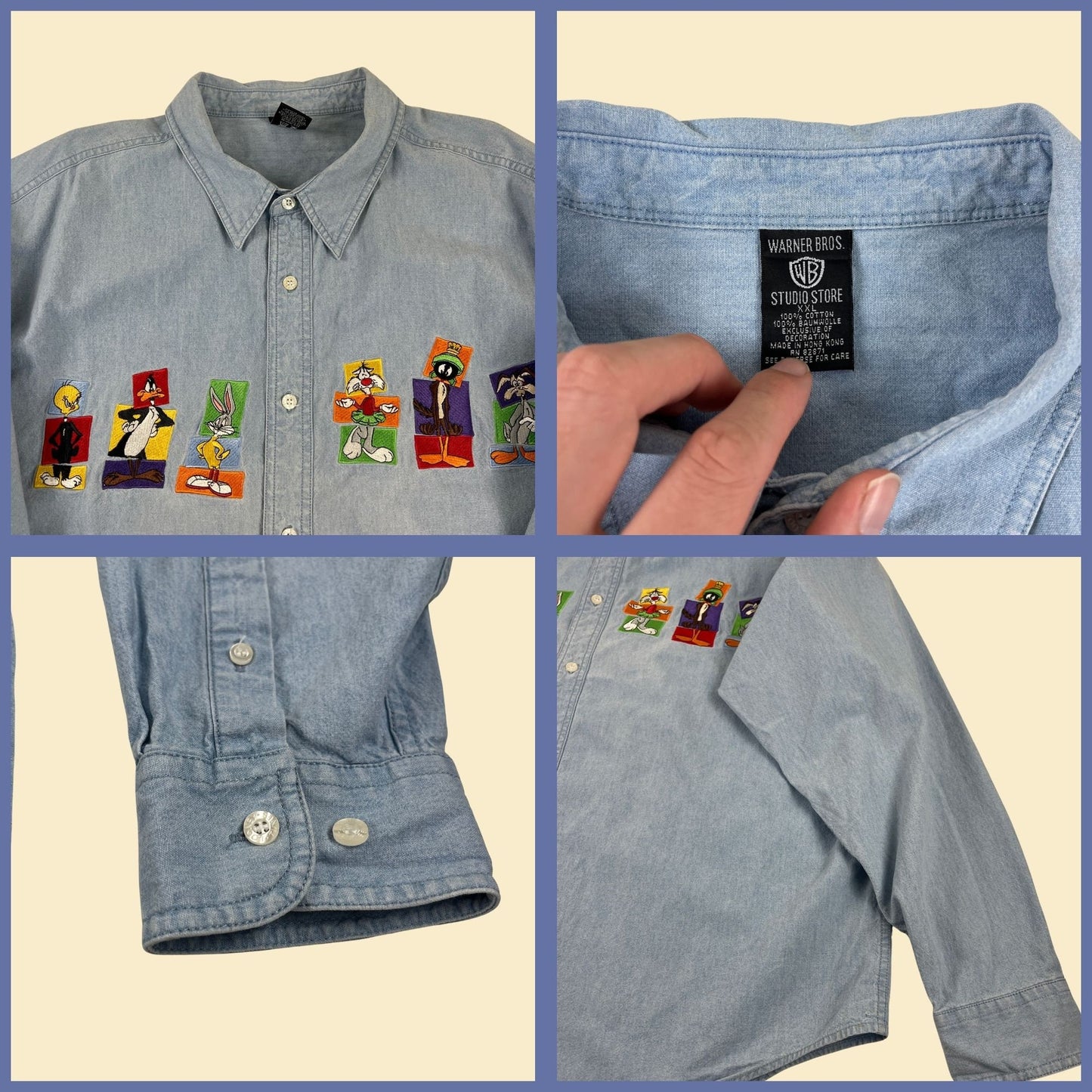 90s XXL Warner Bros Studio shirt, vintage 1990s chambray/denim blue button down long sleeve daffy duck & bugs bunny shirt