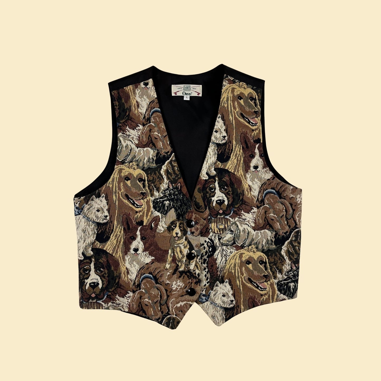 1980s L dog patterned vest by Orvis, vintage 80s women's tapestry vest w/ satin back