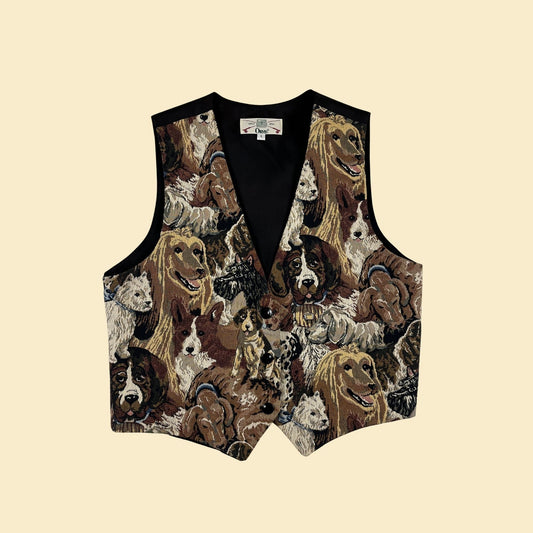 1980s L dog patterned vest by Orvis, vintage 80s women's tapestry vest w/ satin back