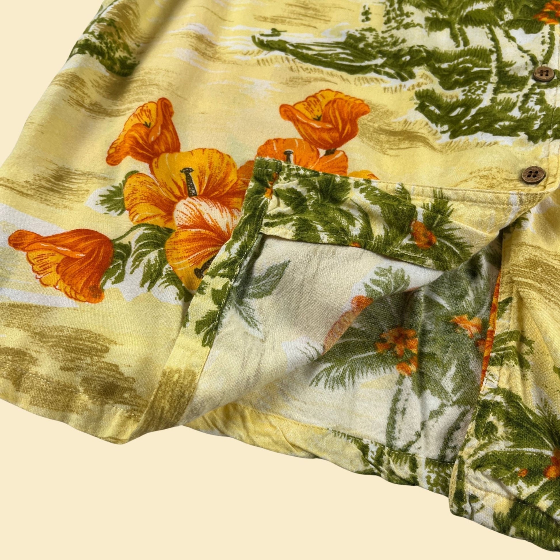 1990s XL tropical yellow blouse by St. John's Bay, vintage 90s yellow & orange women's short sleeve button down top