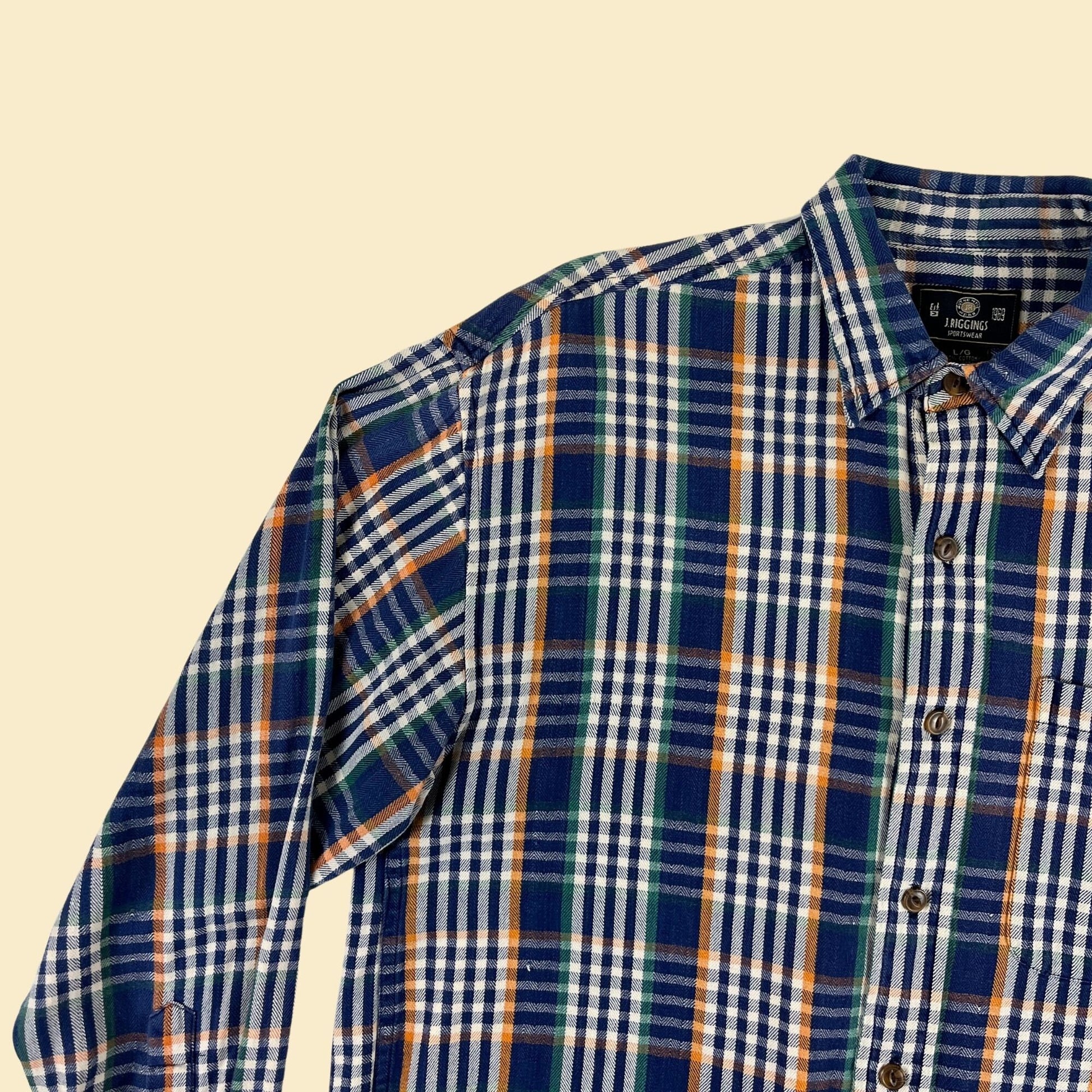 1990s L blue flannel shirt by J. Riggings, vintage 90s blue & orange plaid long sleeve button down