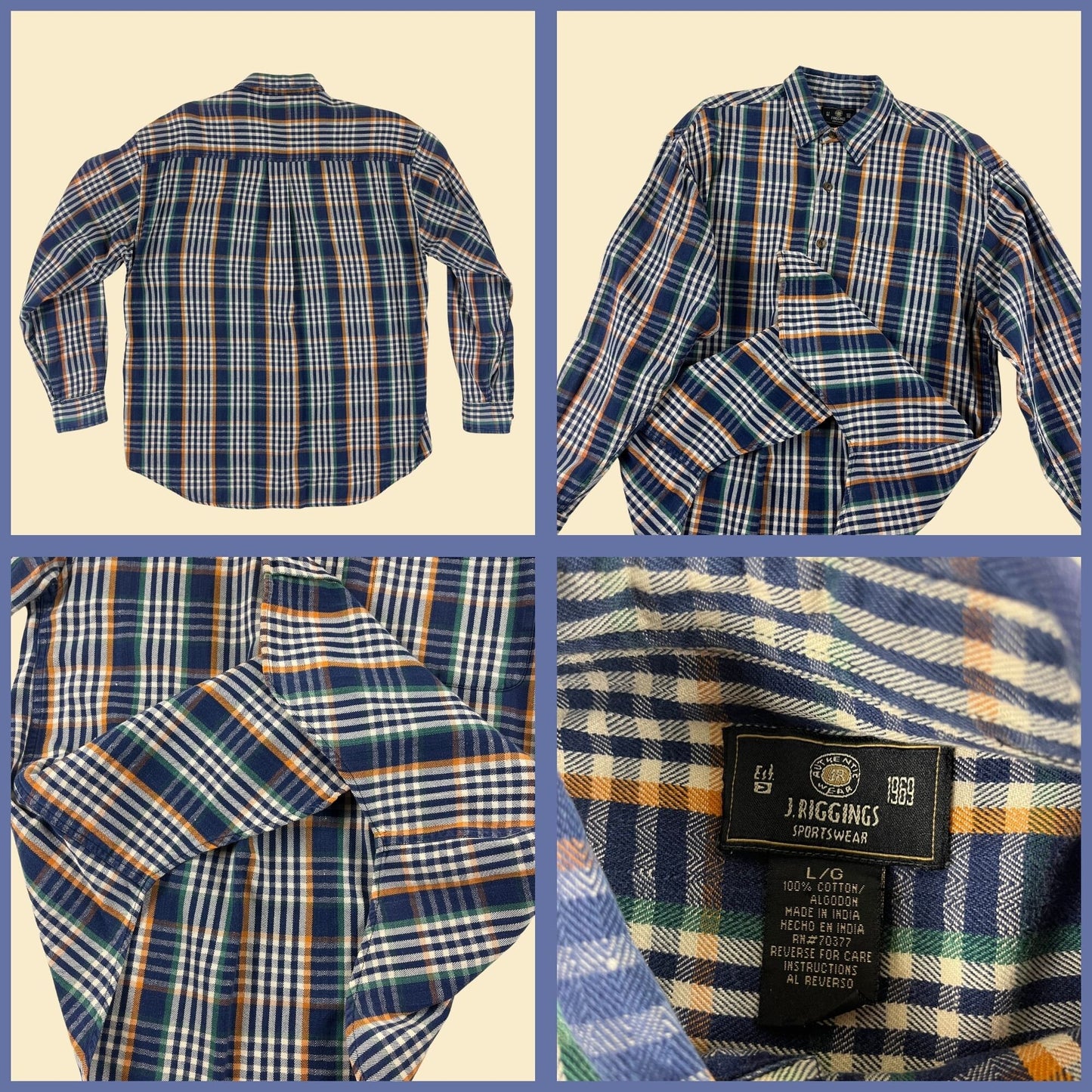 1990s L blue flannel shirt by J. Riggings, vintage 90s blue & orange plaid long sleeve button down