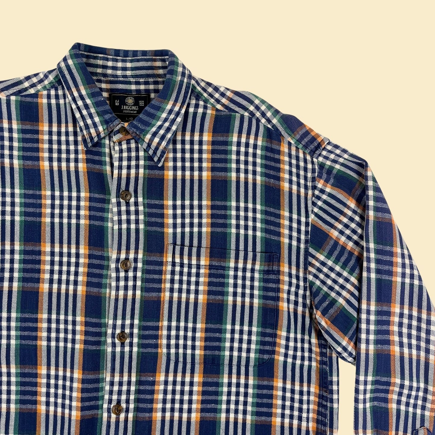 1990s L blue flannel shirt by J. Riggings, vintage 90s blue & orange plaid long sleeve button down