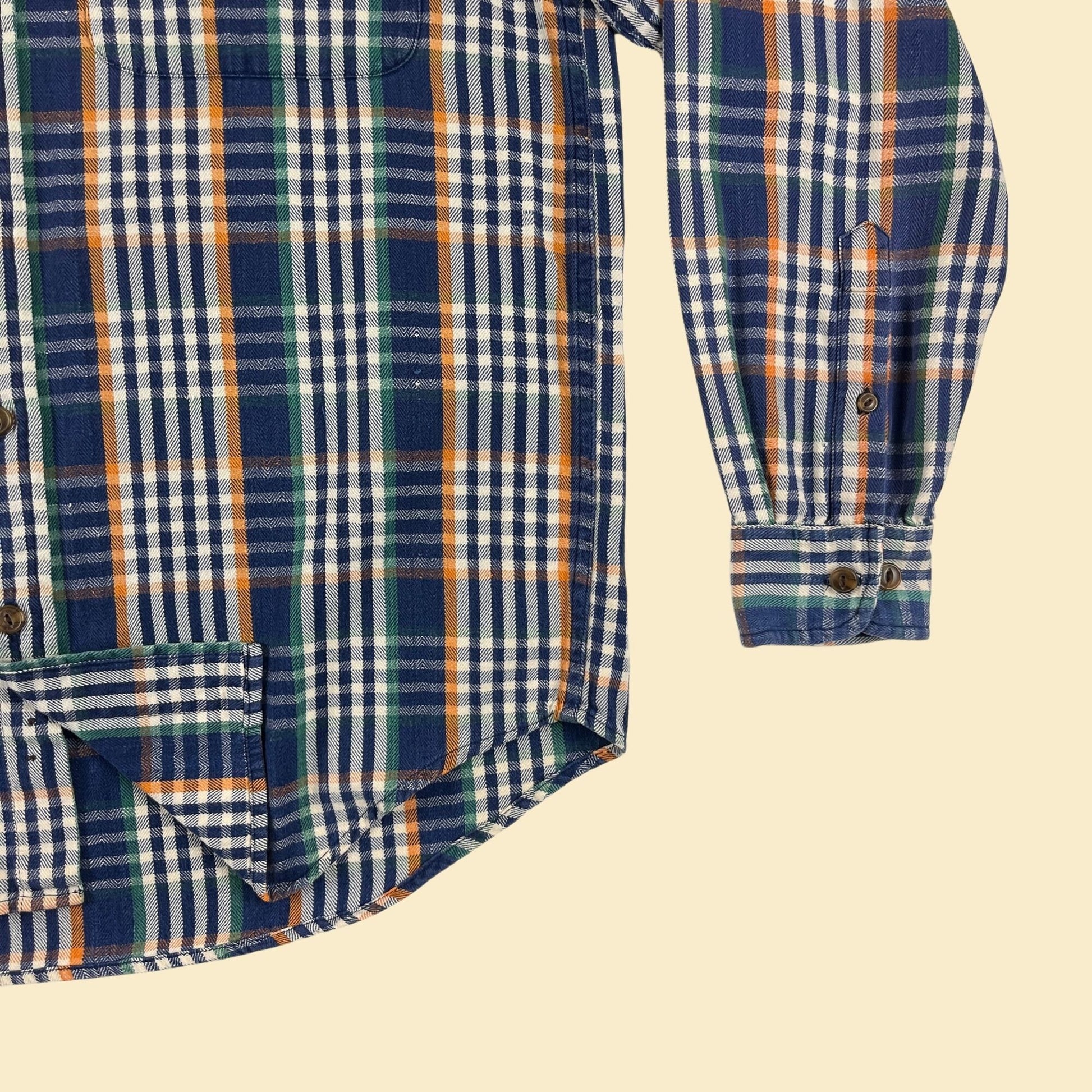 1990s L blue flannel shirt by J. Riggings, vintage 90s blue & orange plaid long sleeve button down