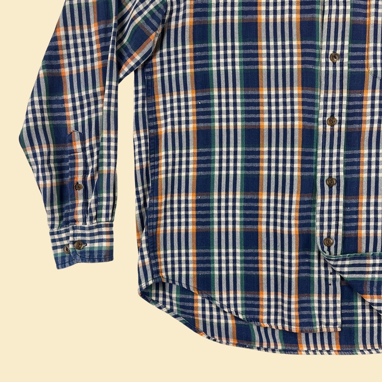 1990s L blue flannel shirt by J. Riggings, vintage 90s blue & orange plaid long sleeve button down