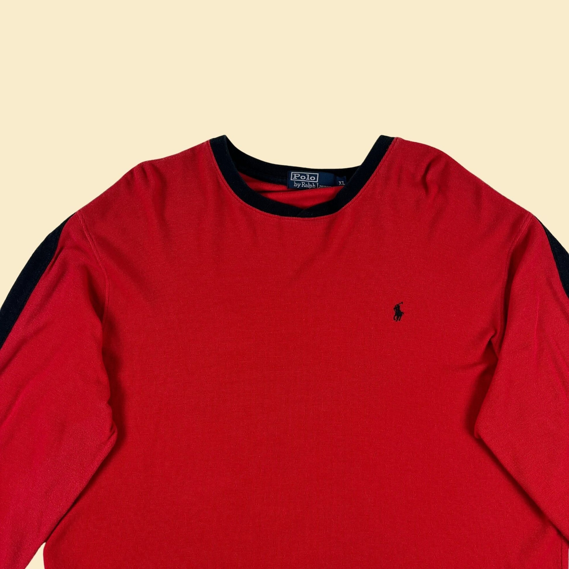 1990s XL Polo by Ralph Lauren t-shirt, vintage 90s men's long sleeve red & black crew shirt