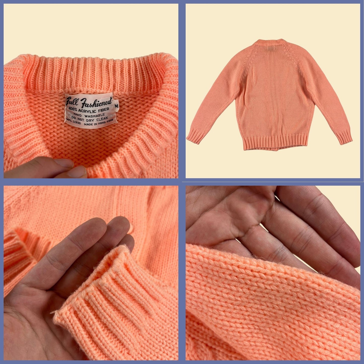 1970s M orange sweater by Full Fashioned, vintage 70s button up knit pastel orange jersey sweater