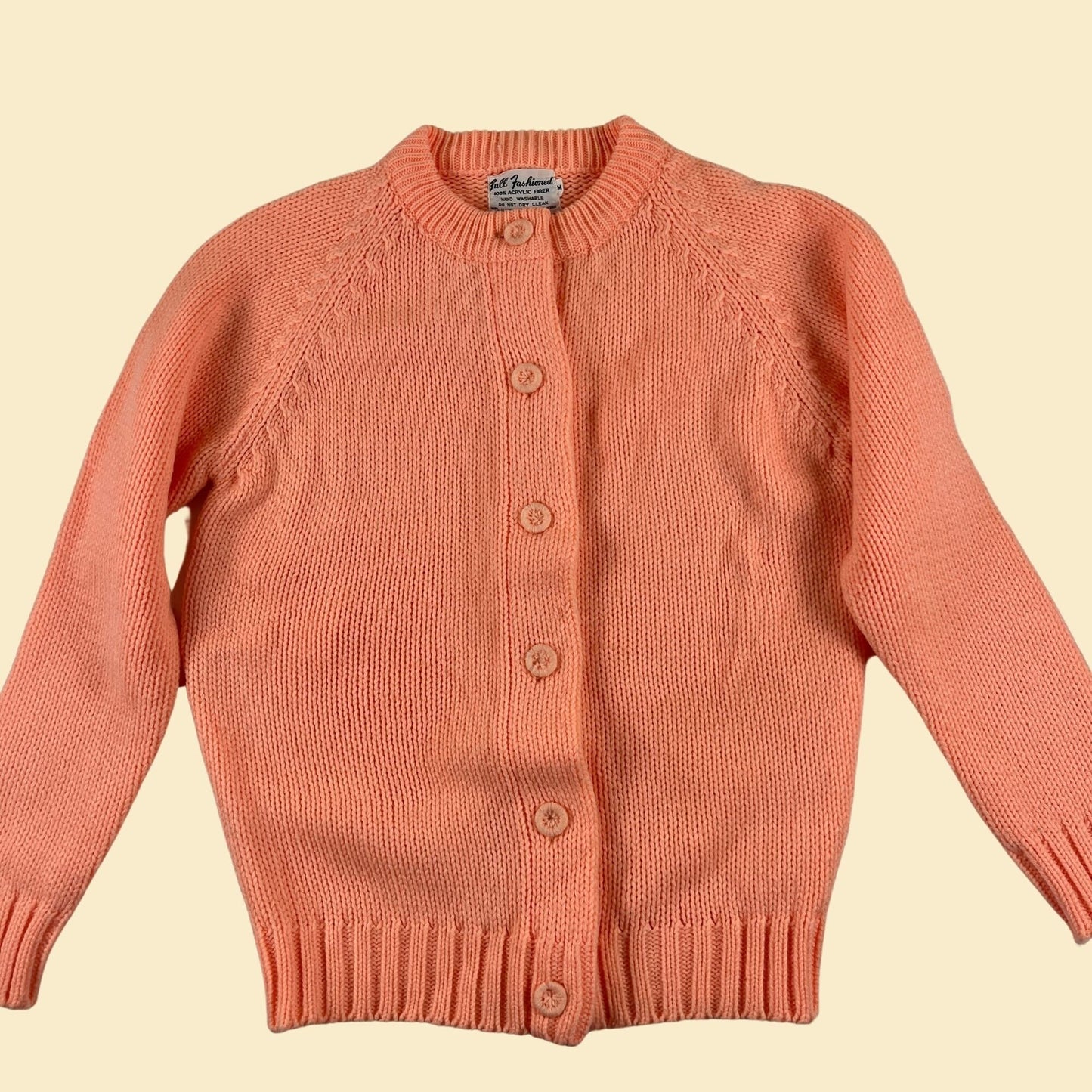 1970s M orange sweater by Full Fashioned, vintage 70s button up knit pastel orange jersey sweater