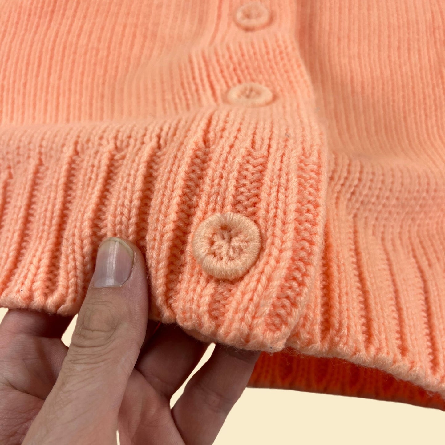 1970s M orange sweater by Full Fashioned, vintage 70s button up knit pastel orange jersey sweater