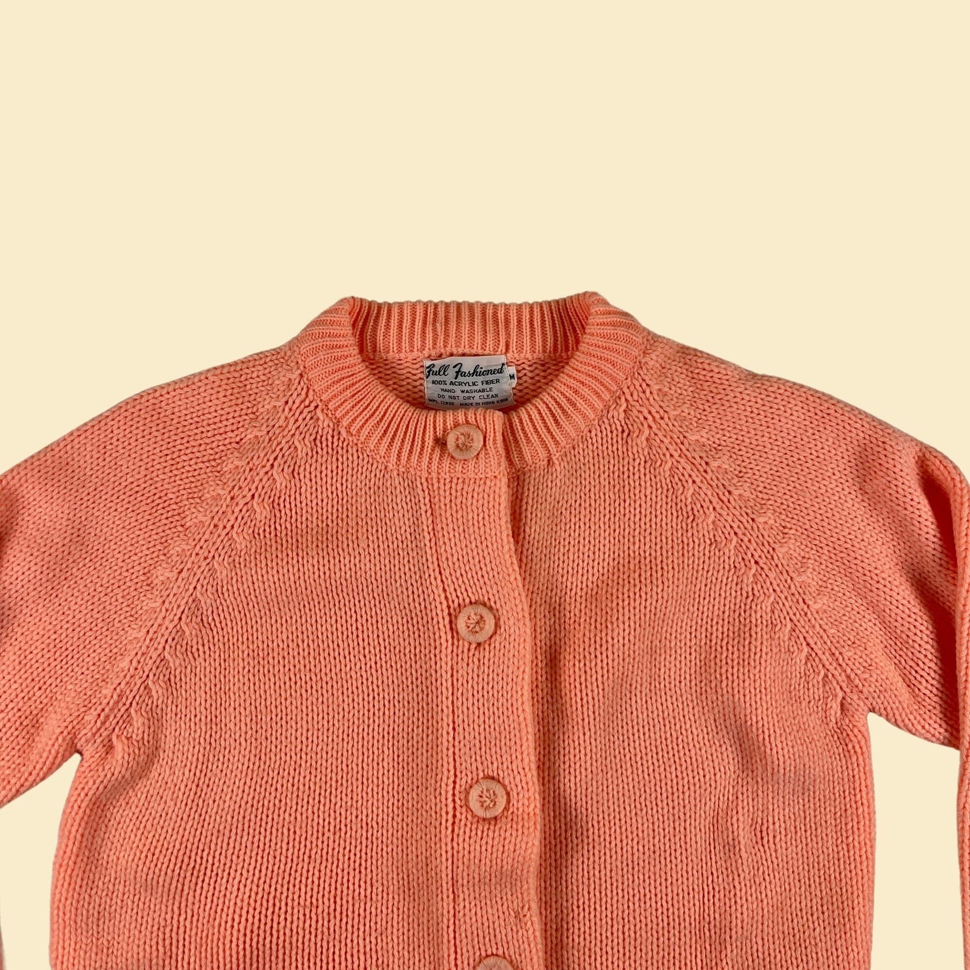 1970s M orange sweater by Full Fashioned, vintage 70s button up knit pastel orange jersey sweater