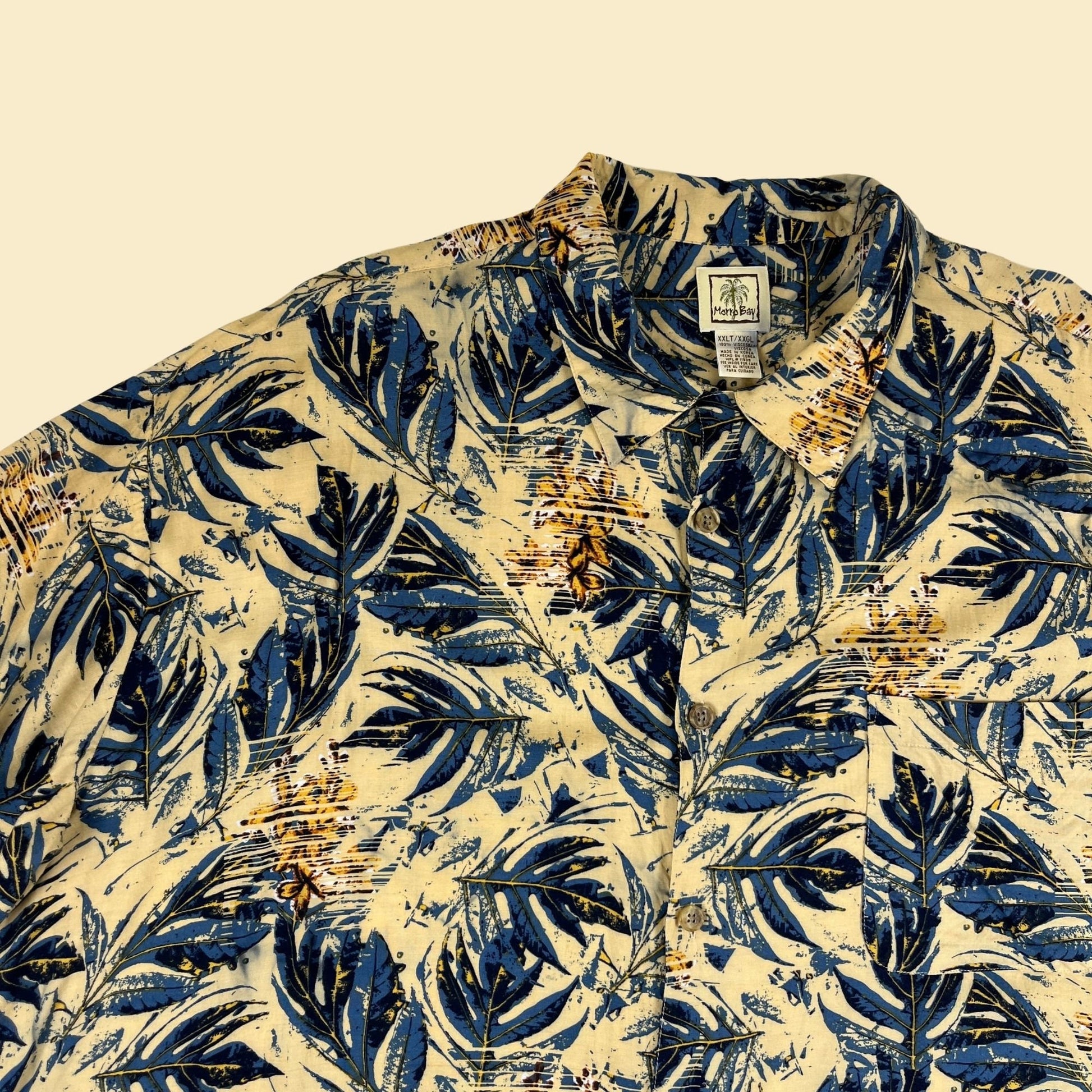 1990s tropical XXLT men's shirt by Morro Bay, vintage 90s yellow/blue short sleeve viscose button down