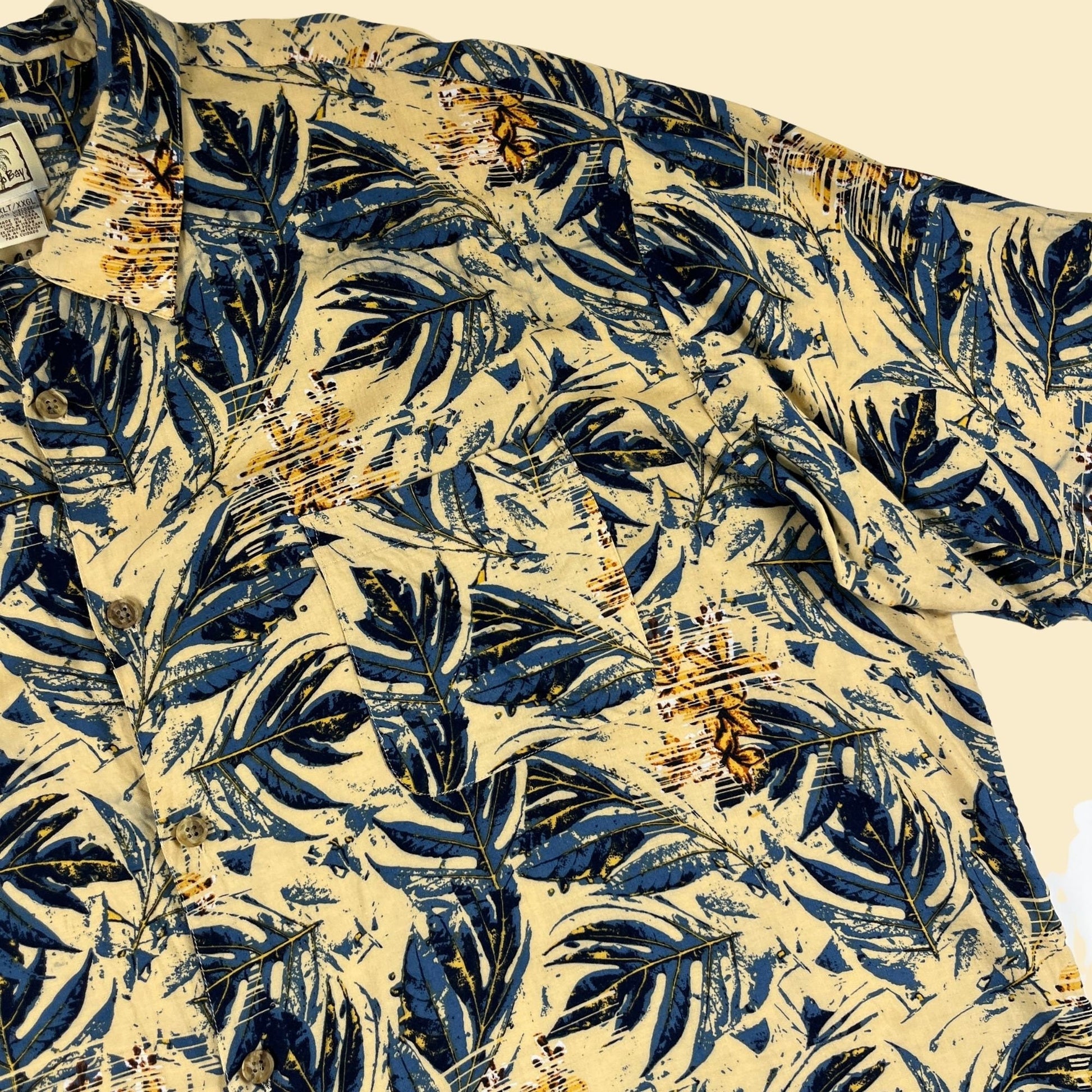 1990s tropical XXLT men's shirt by Morro Bay, vintage 90s yellow/blue short sleeve viscose button down