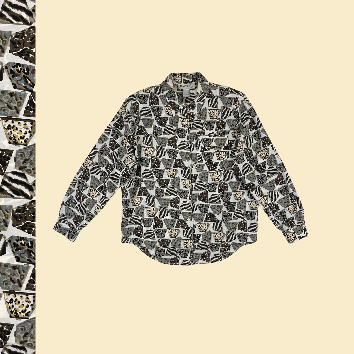 90s L animal print blouse, vintage 1990s button down geometric long sleeve women's shirt