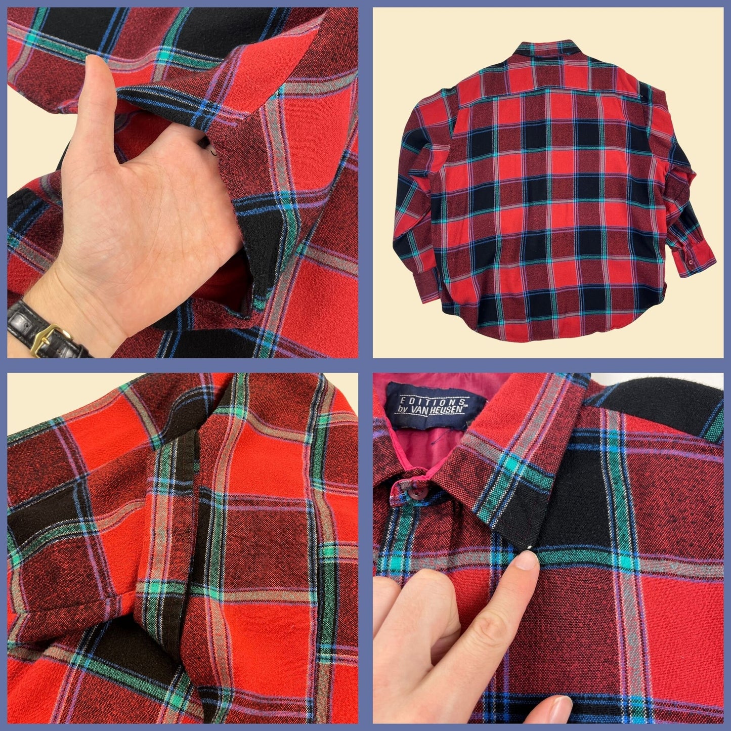 1980s XL flannel shirt by Van Heusen, burgundy/blue vintage 80s acrylic button down long sleeve top