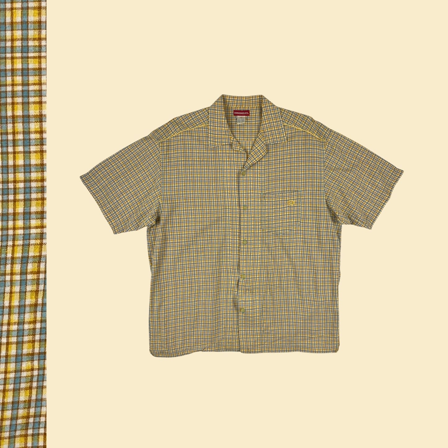 90s/Y2K men's yellow shirt by UnionBay, size L/XL vintage plaid yellow & blue short sleeve button down top