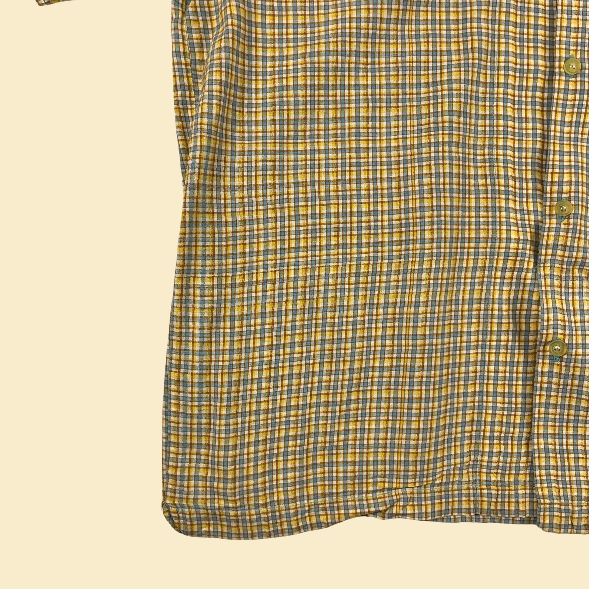 90s/Y2K men's yellow shirt by UnionBay, size L/XL vintage plaid yellow & blue short sleeve button down top