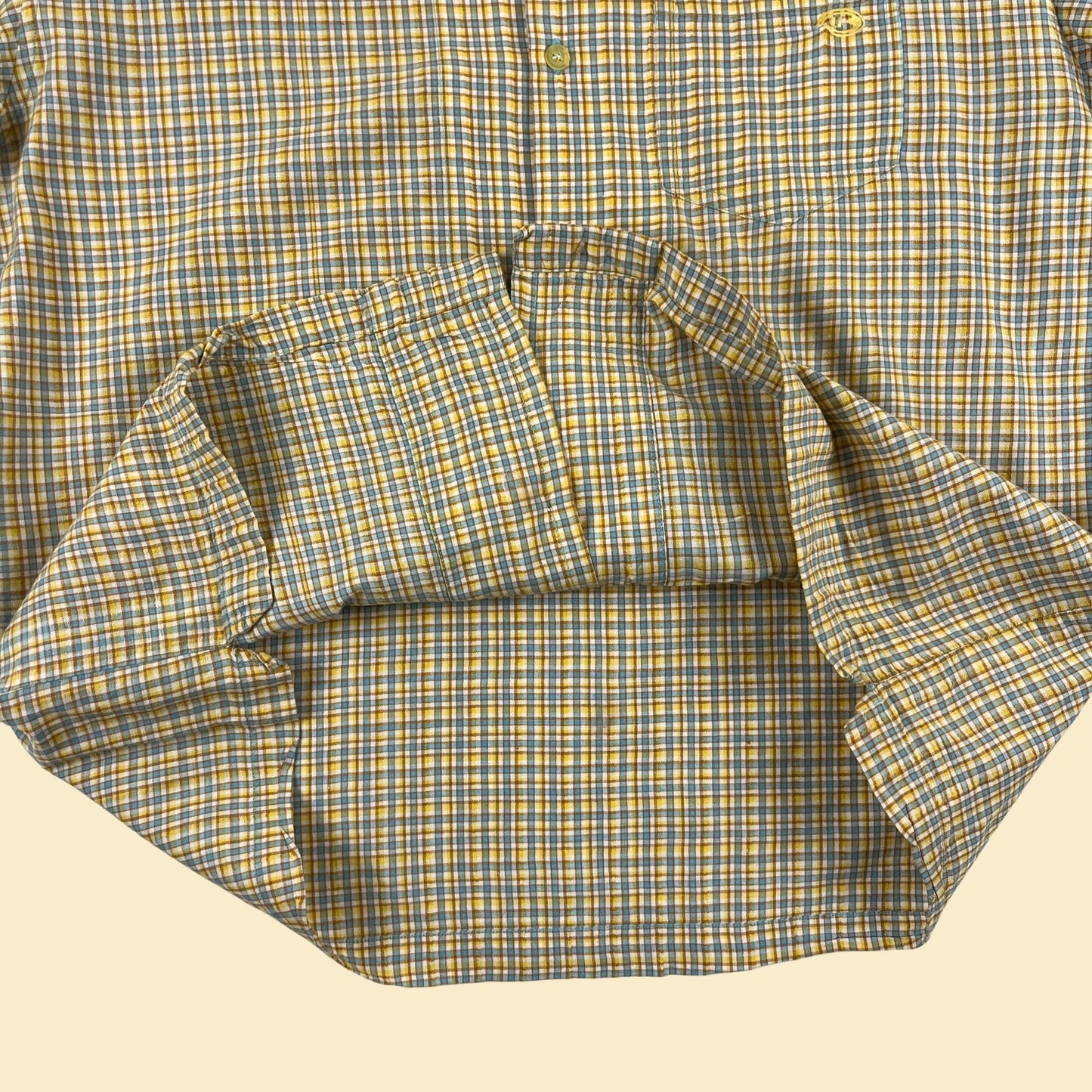 90s/Y2K men's yellow shirt by UnionBay, size L/XL vintage plaid yellow & blue short sleeve button down top