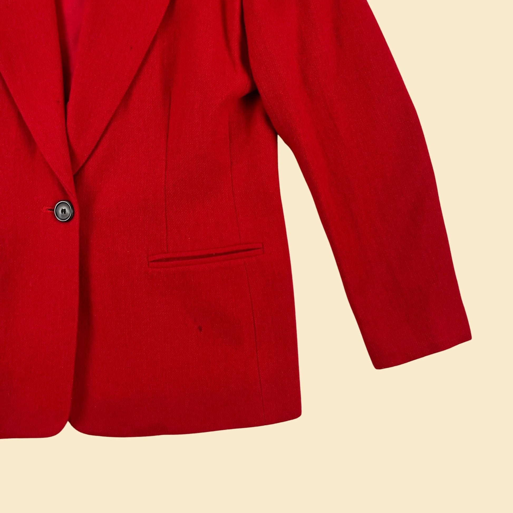 1990s red blazer by Joan Leslie, size 4P vintage women's 90s wool & polyester jacket