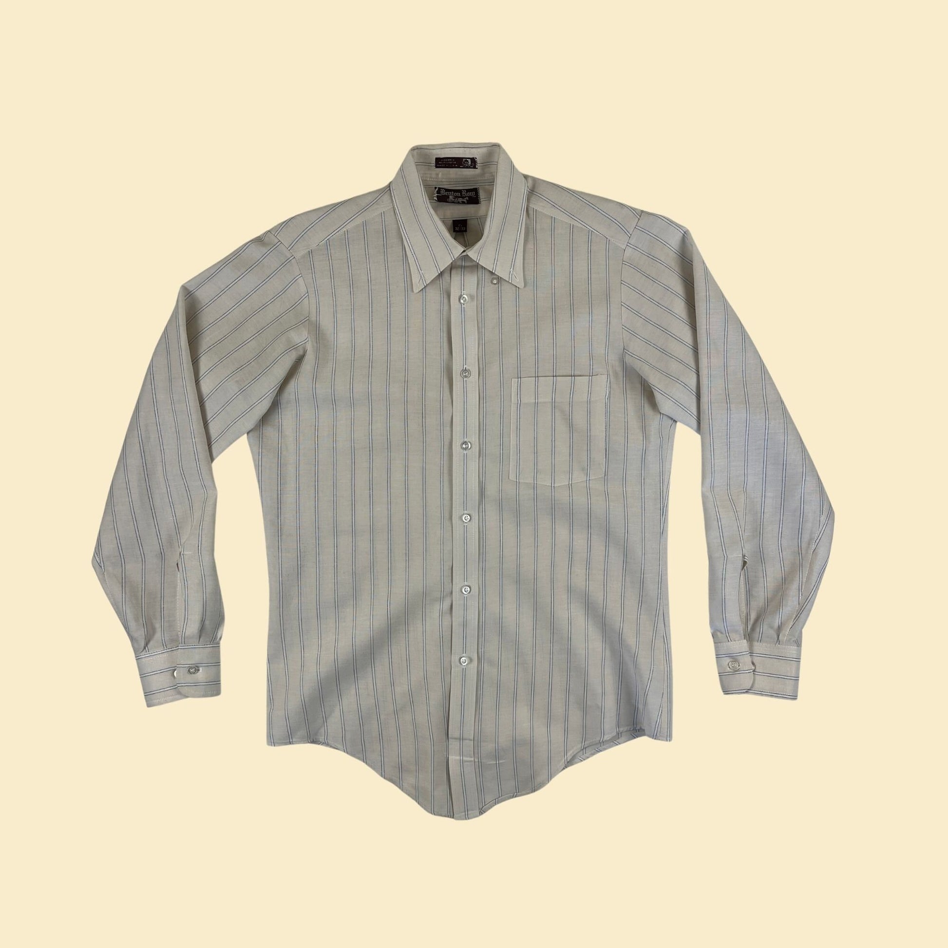 1970s men's shirt by Benton Row, vintage 15 32/33 striped beige/white long sleeve button down top