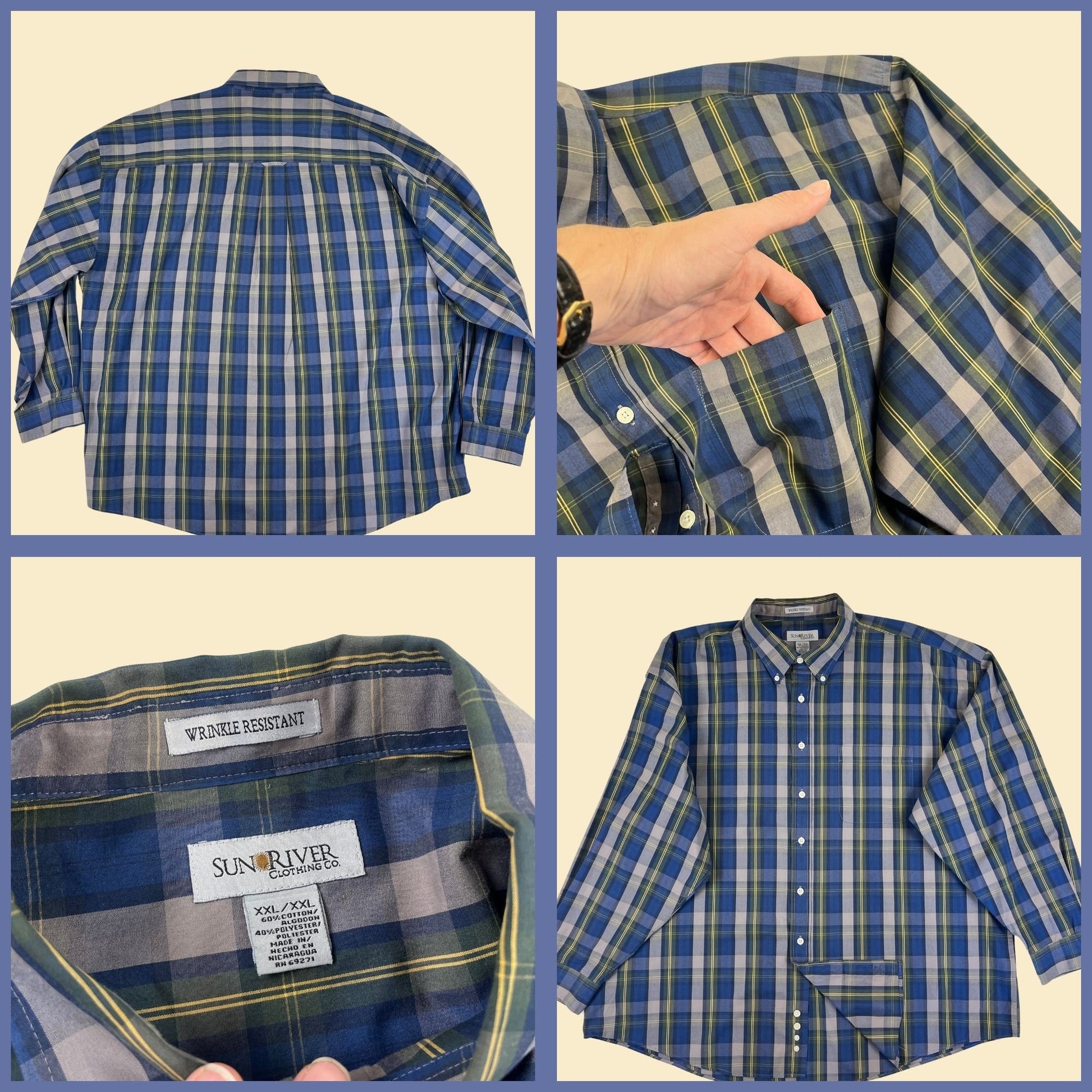 1990s XXL men's shirt by Sun River Clothing, vintage blue & green plaid long sleeve button down