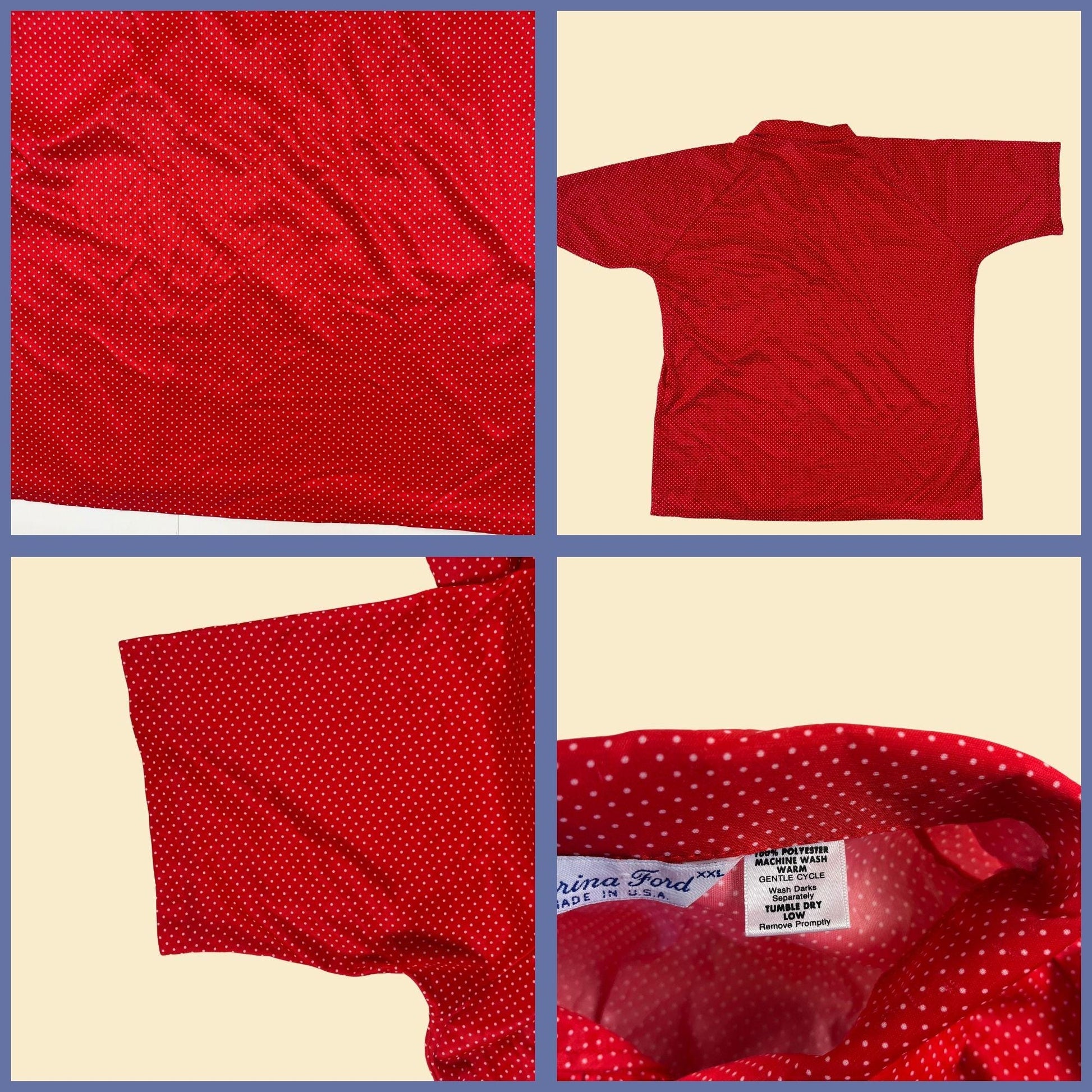 1970s XXL polka dot polo shirt by Carina Ford, vintage red & white lightweight collared 70s shirt