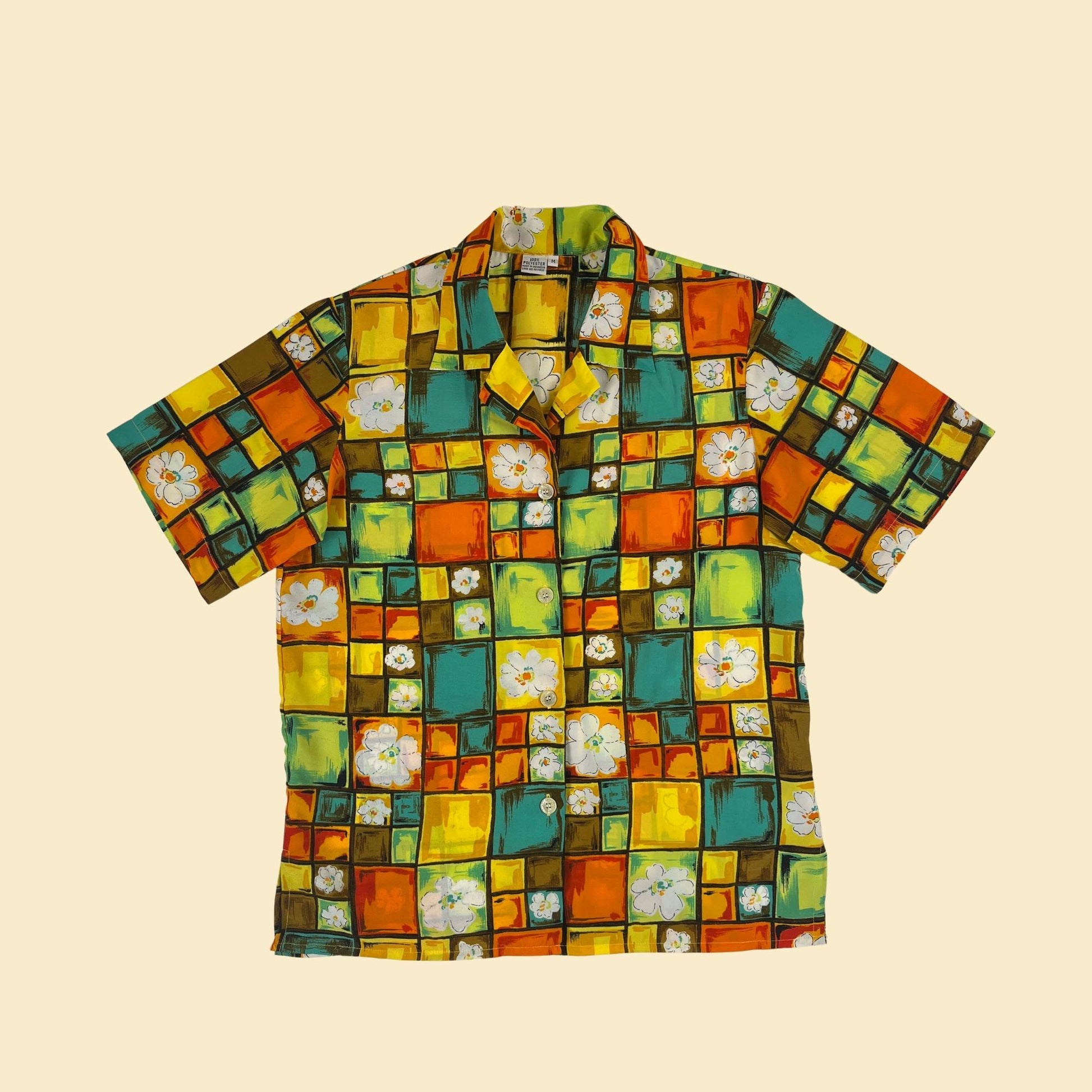 1980s M blouse w/ geometric green, teal & orange pattern, vintage button down shirt by India Clothiers Inc.