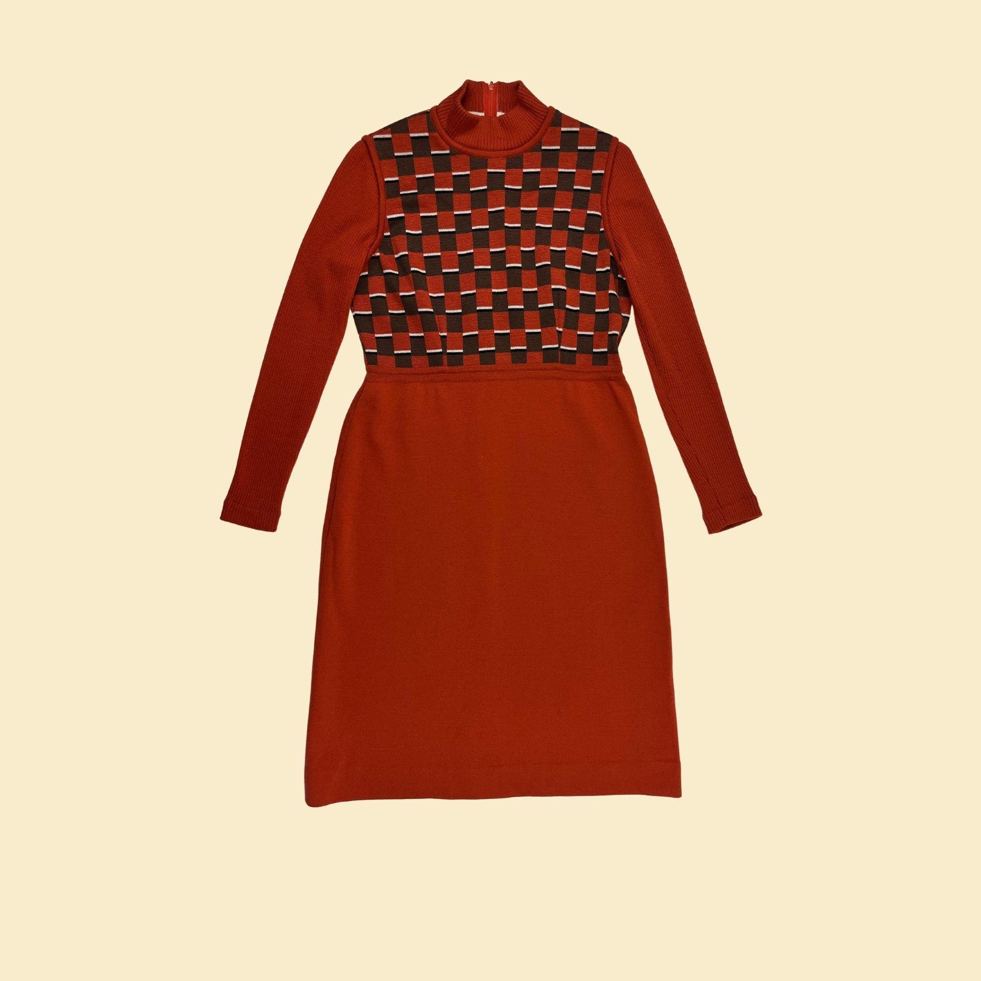 1970s knit orange dress by AristoKat, vintage size 14 burnt orange & brown geometric midi to maxi long sleeve mockneck dress