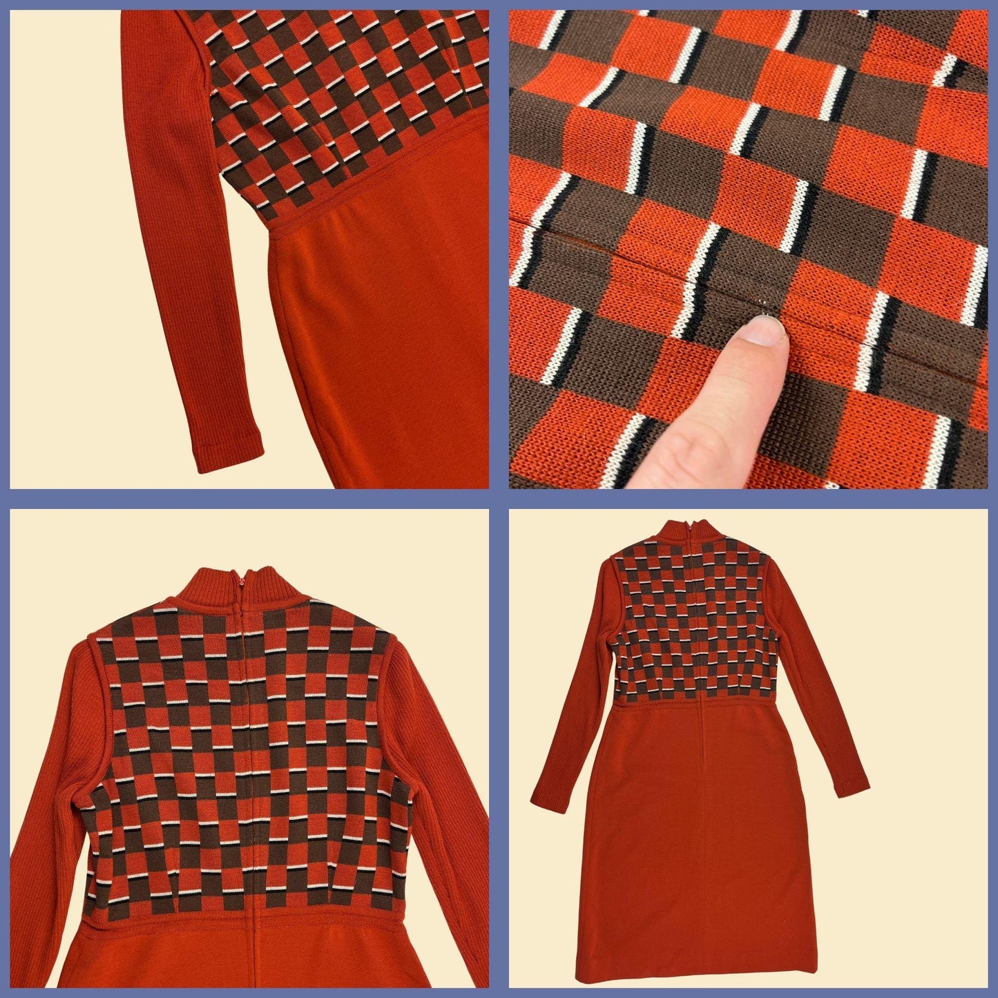 1970s knit orange dress by AristoKat, vintage size 14 burnt orange & brown geometric midi to maxi long sleeve mockneck dress