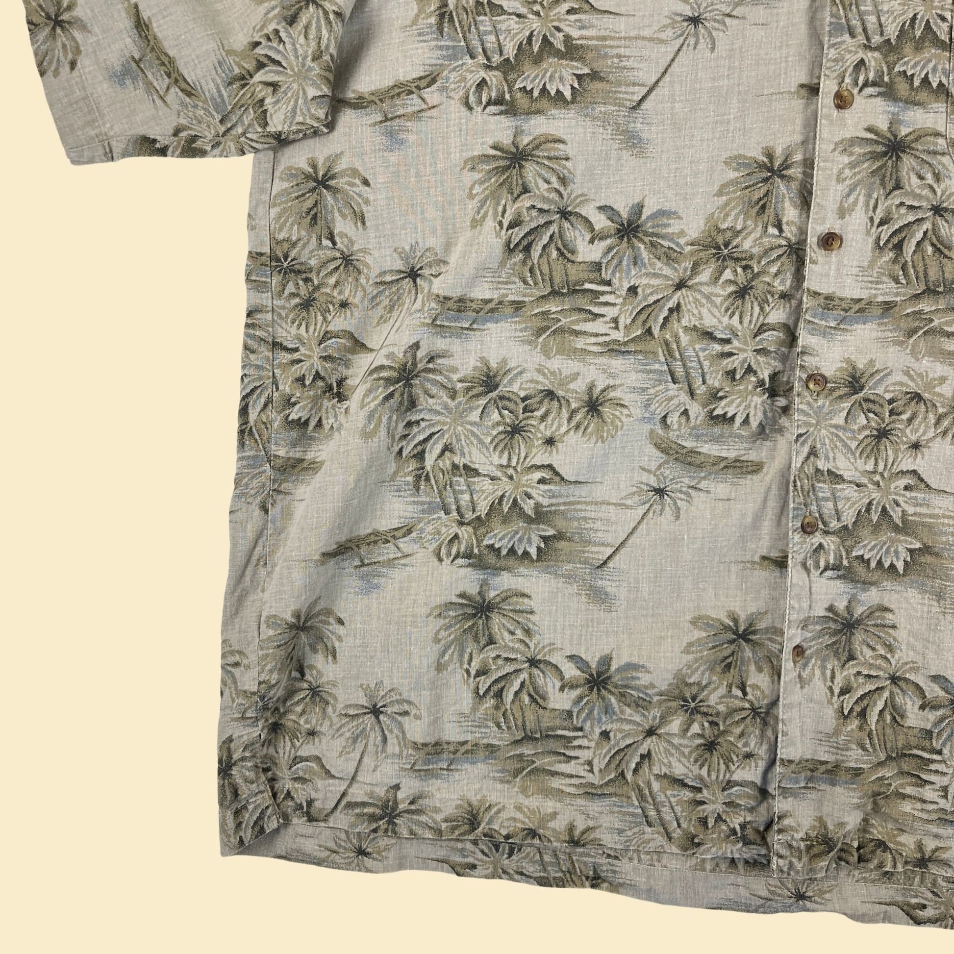 90s tropical linen shirt, vintage 2XL men's beige/brown palm tree button down