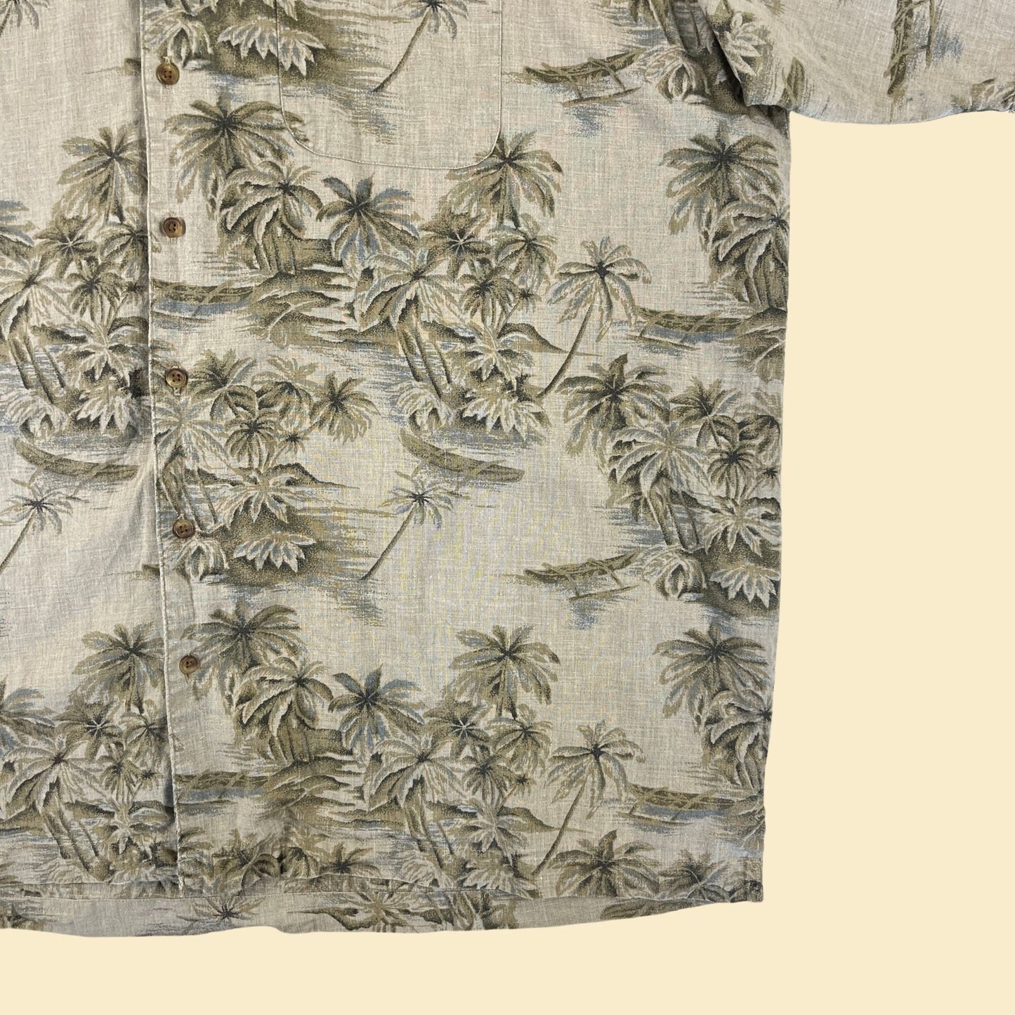 90s tropical linen shirt, vintage 2XL men's beige/brown palm tree button down