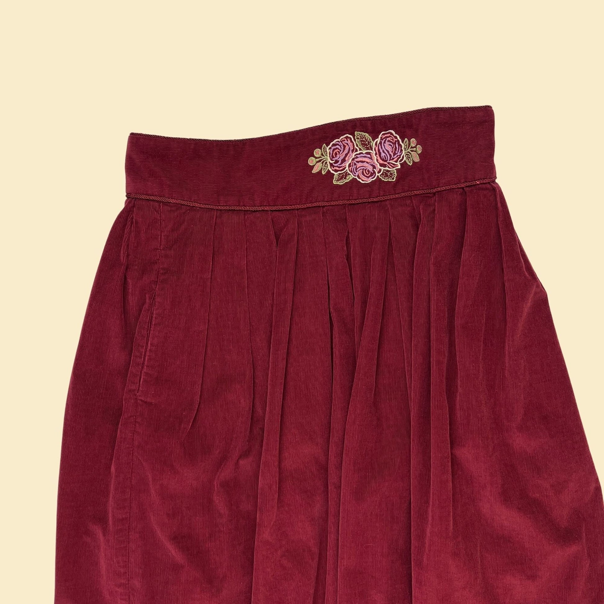 1980s burgundy skirt by Herman Geist, vintage size 8 corduroy floral maxi skirt